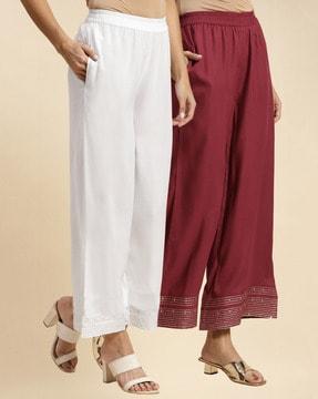 women solid embroidered ankle length regular palazzo (pack of 2)