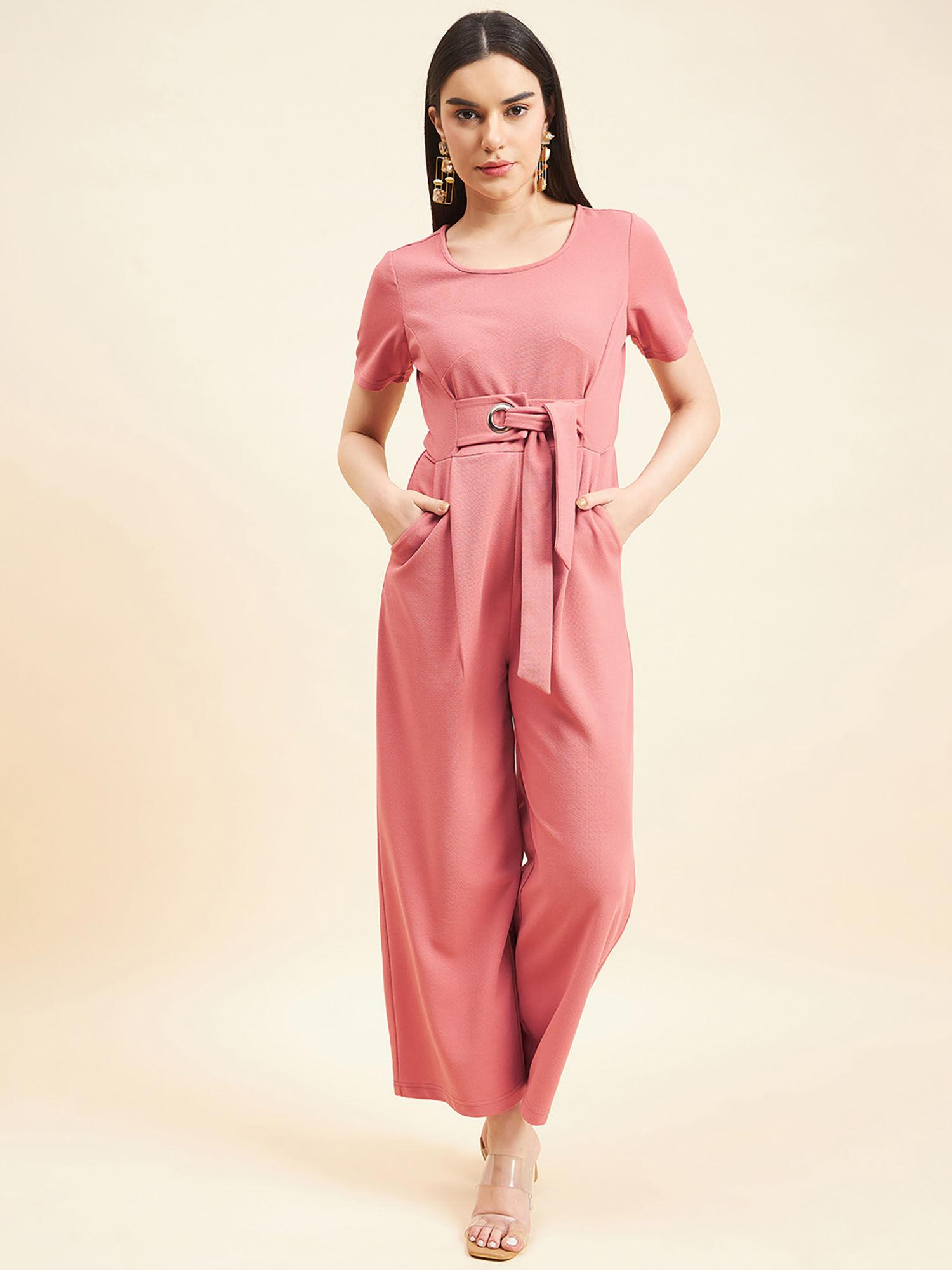 women solid front buckle polyester dusky pink jumpsuit