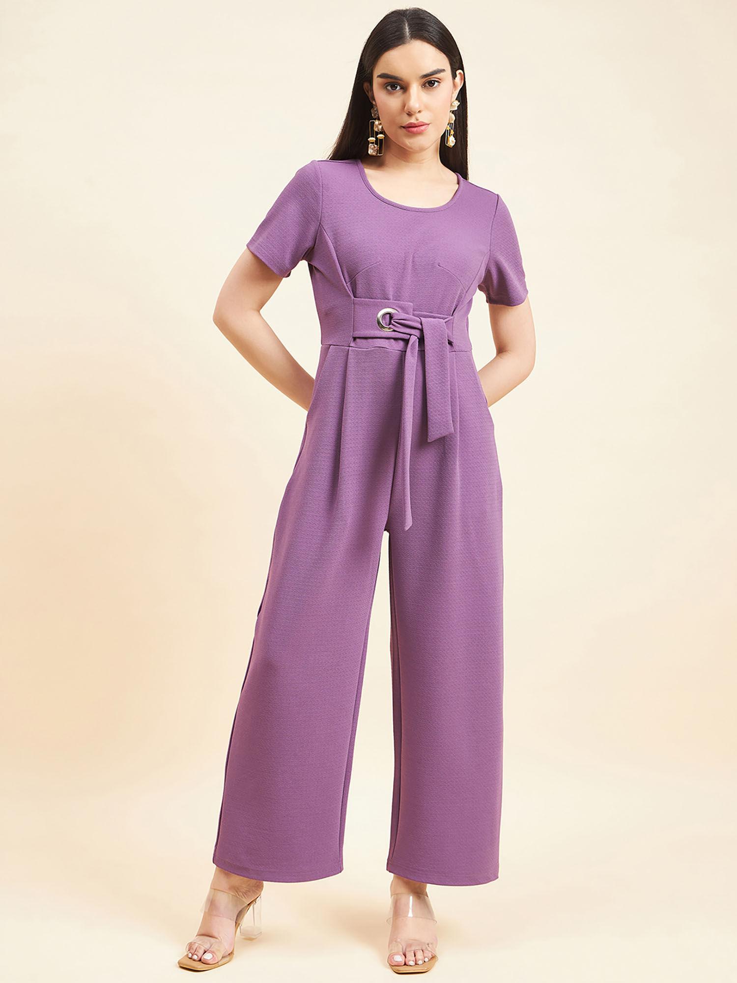 women solid front buckle polyester lavender jumpsuit