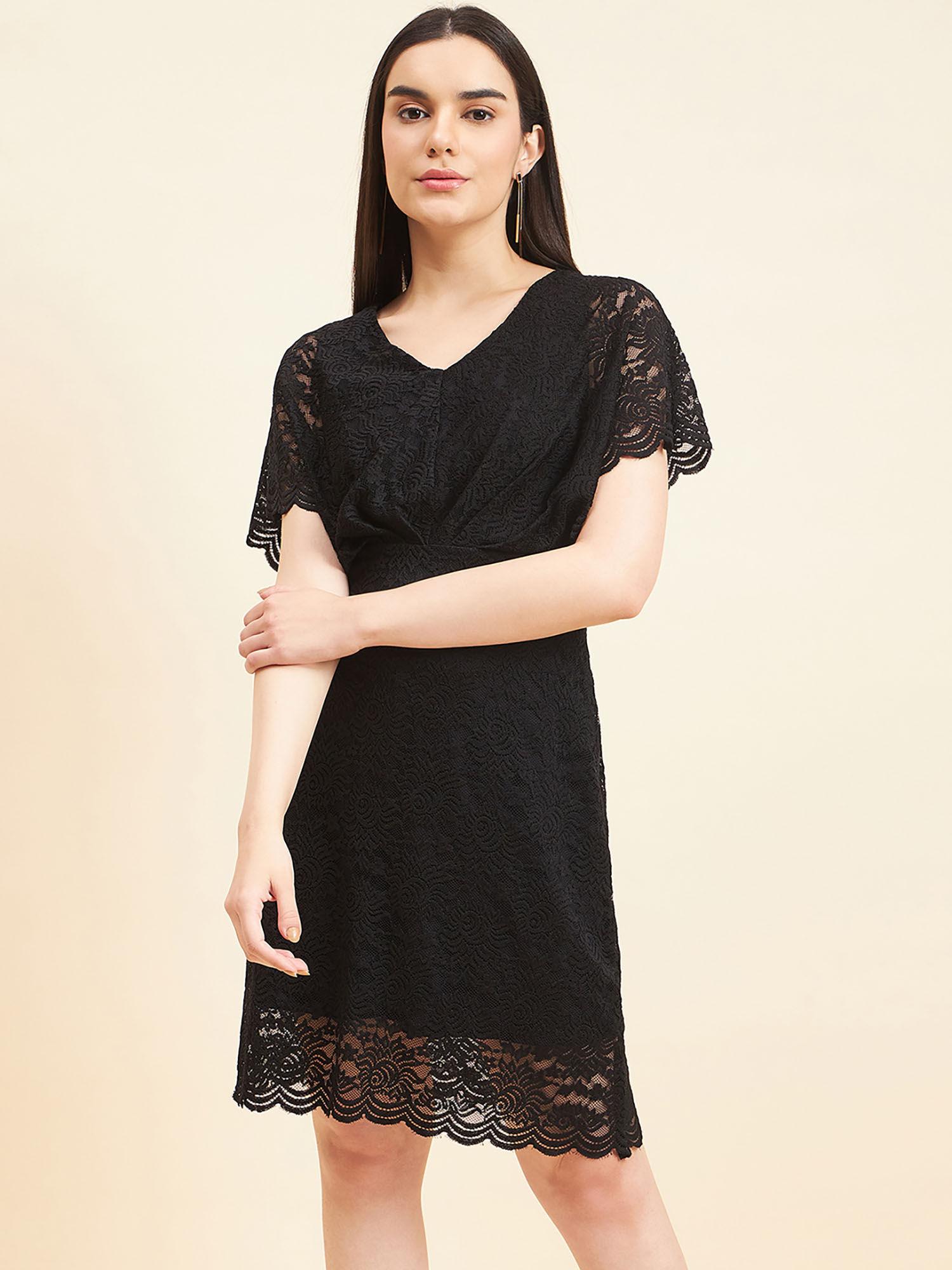 women solid front frill knee lace black dress