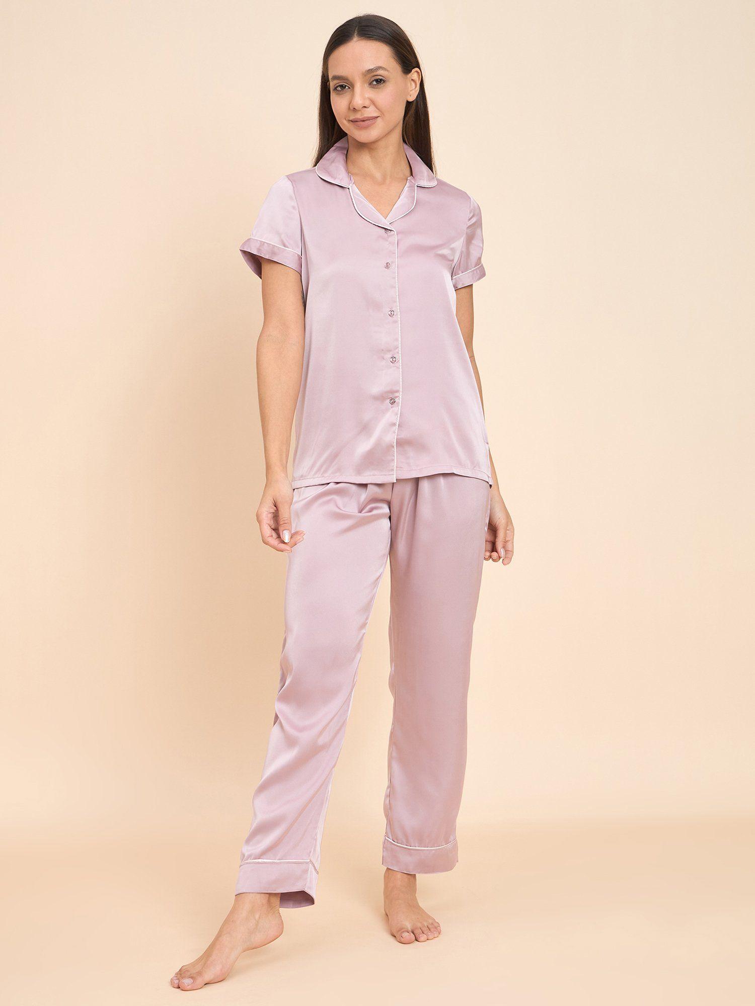 women solid front open shirt and pyjama ( set of 2)