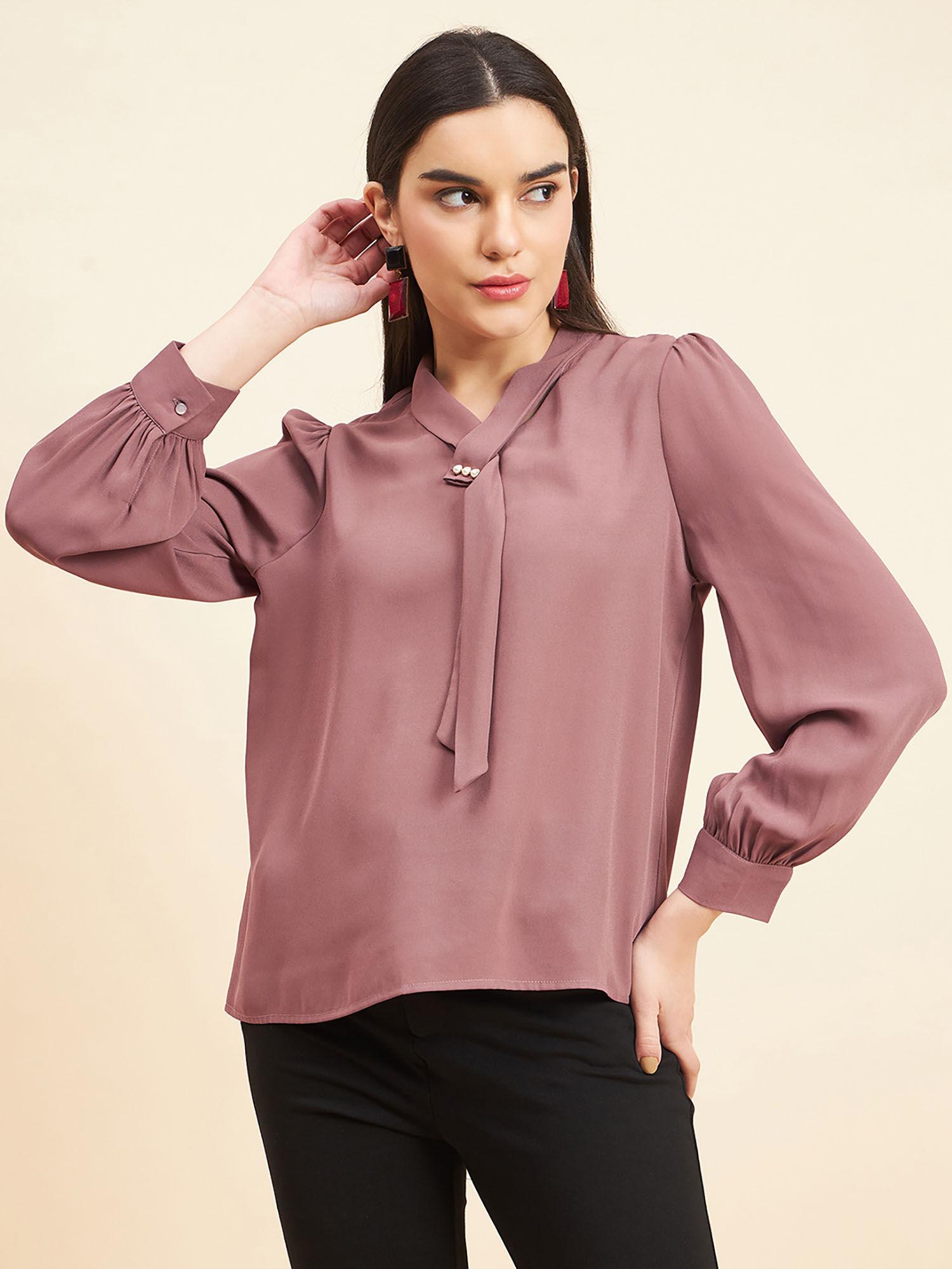 women solid front tie georgette mocca mauve top