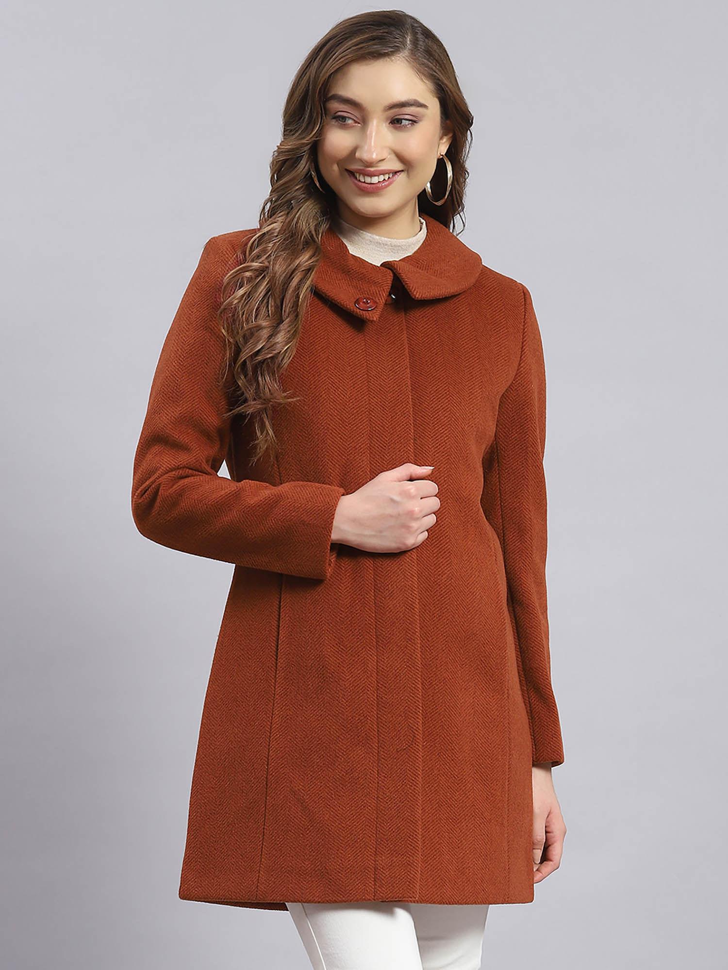 women solid full sleeves collar neck rust coat