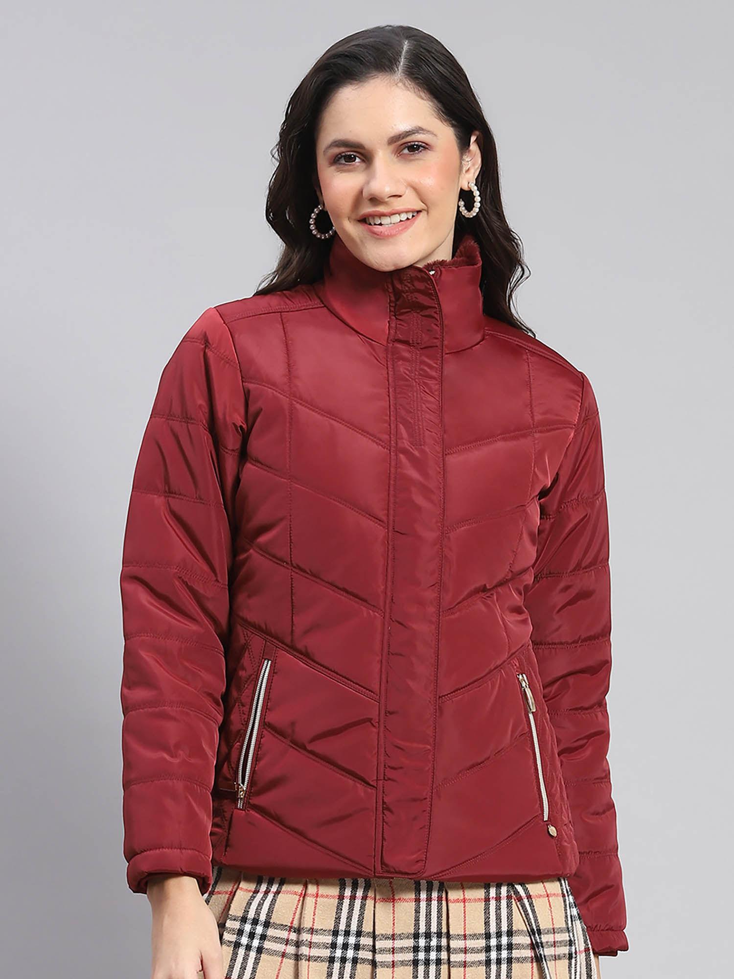 women solid full sleeves high neck maroon puffer jacket