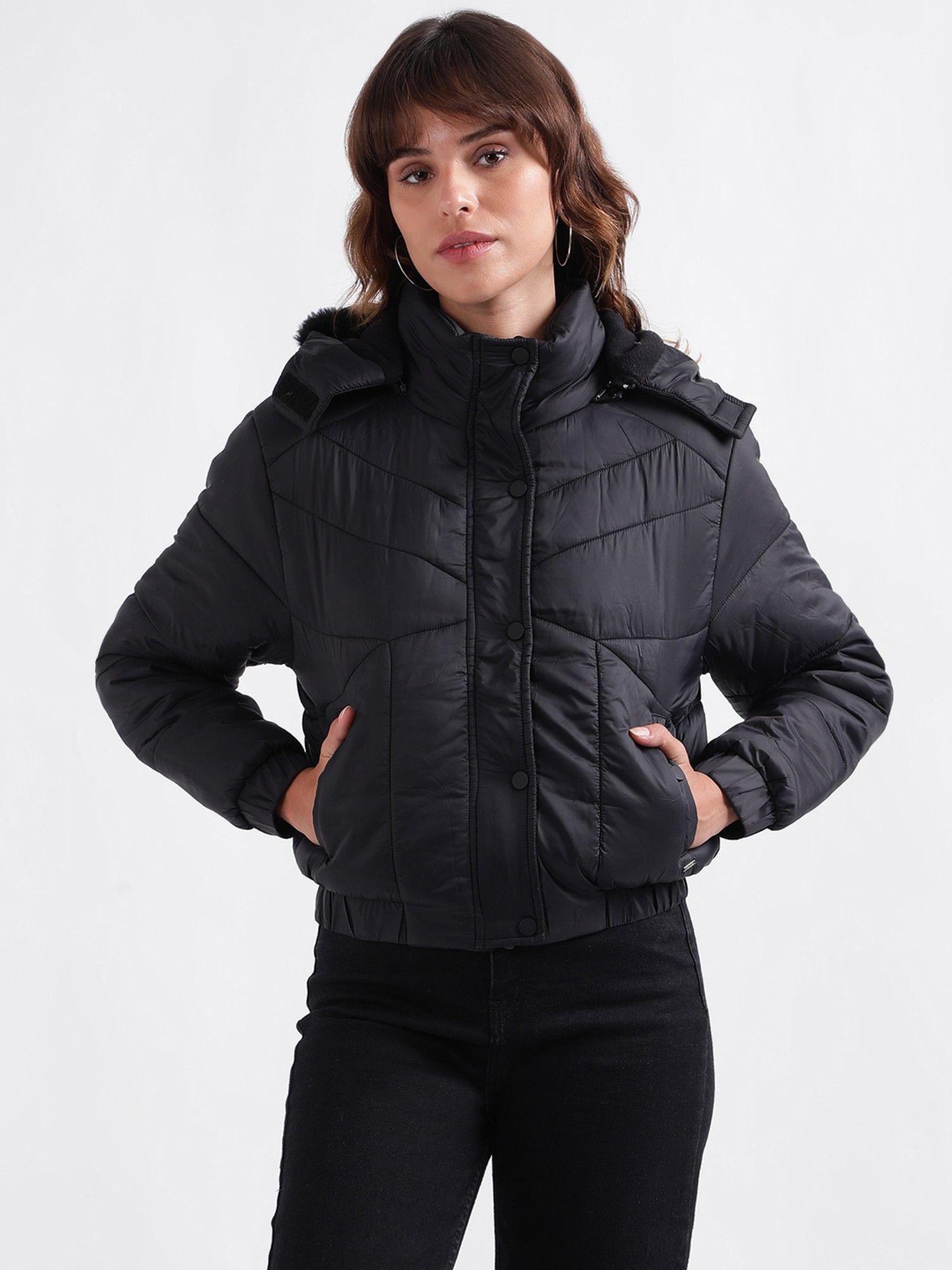 women solid full sleeves hooded neck jacket