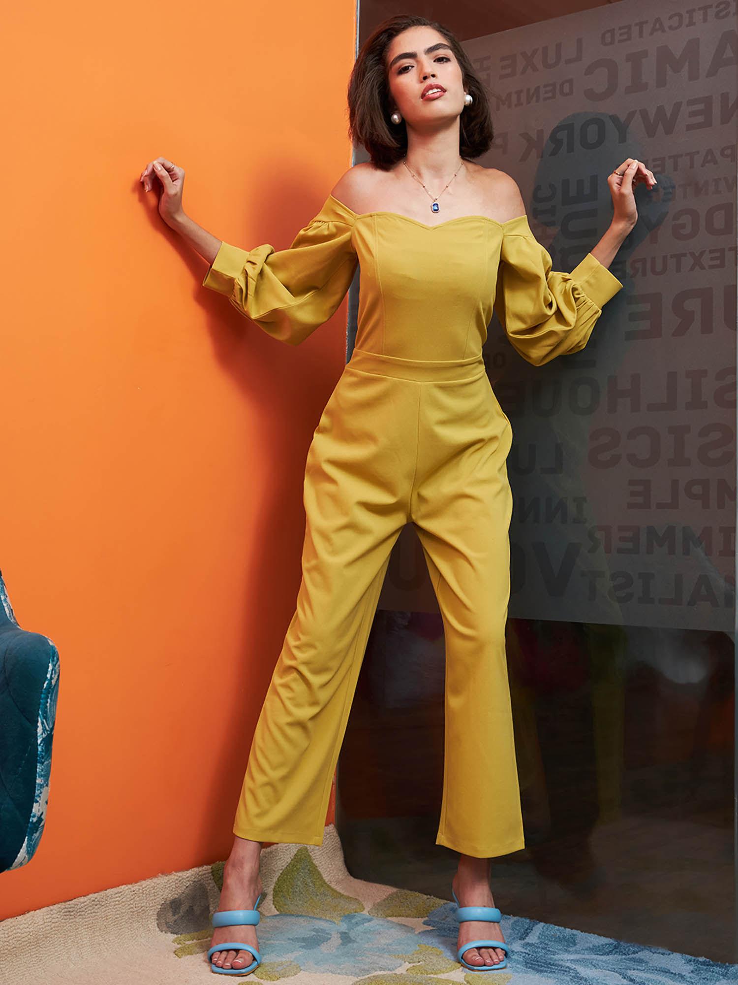 women solid full sleeves mustard jumpsuit