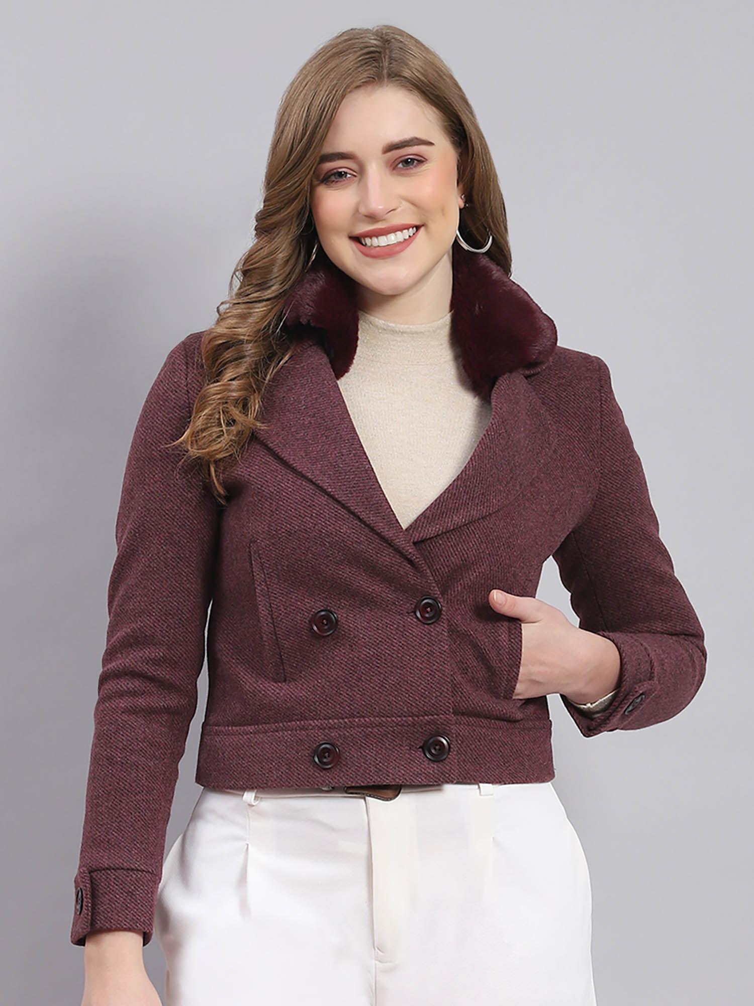 women solid full sleeves notched lapel wine coat