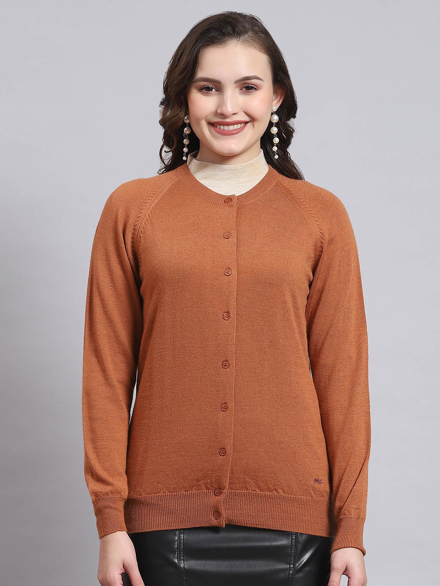 women solid full sleeves round neck brown cardigan