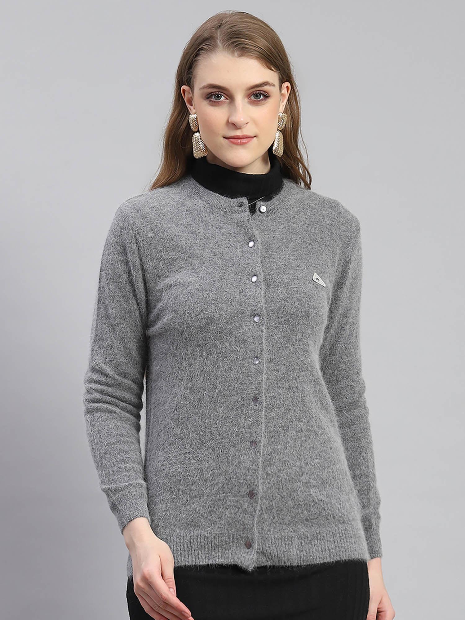 women solid full sleeves round neck grey cardigan