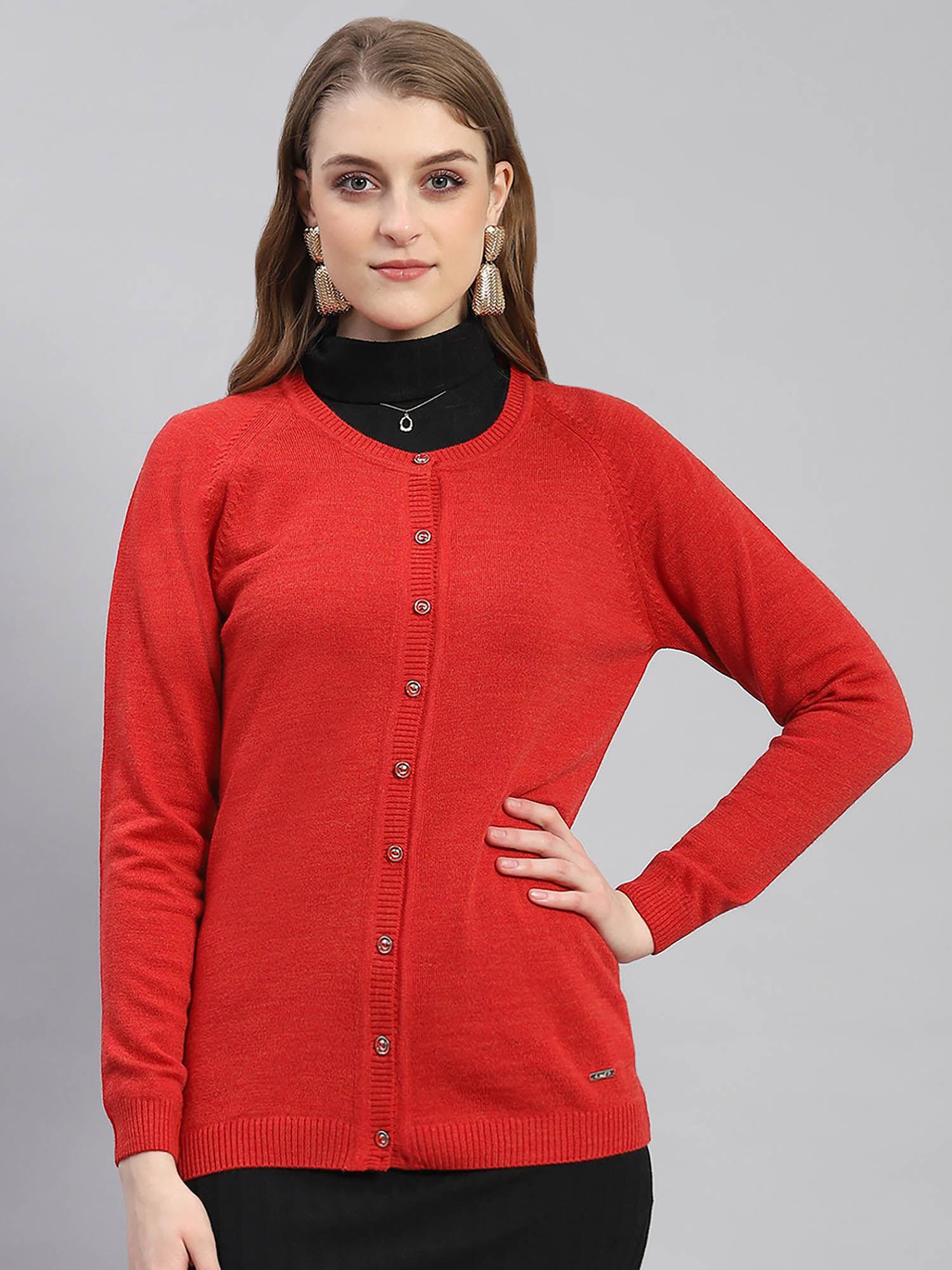 women solid full sleeves round neck red cardigan