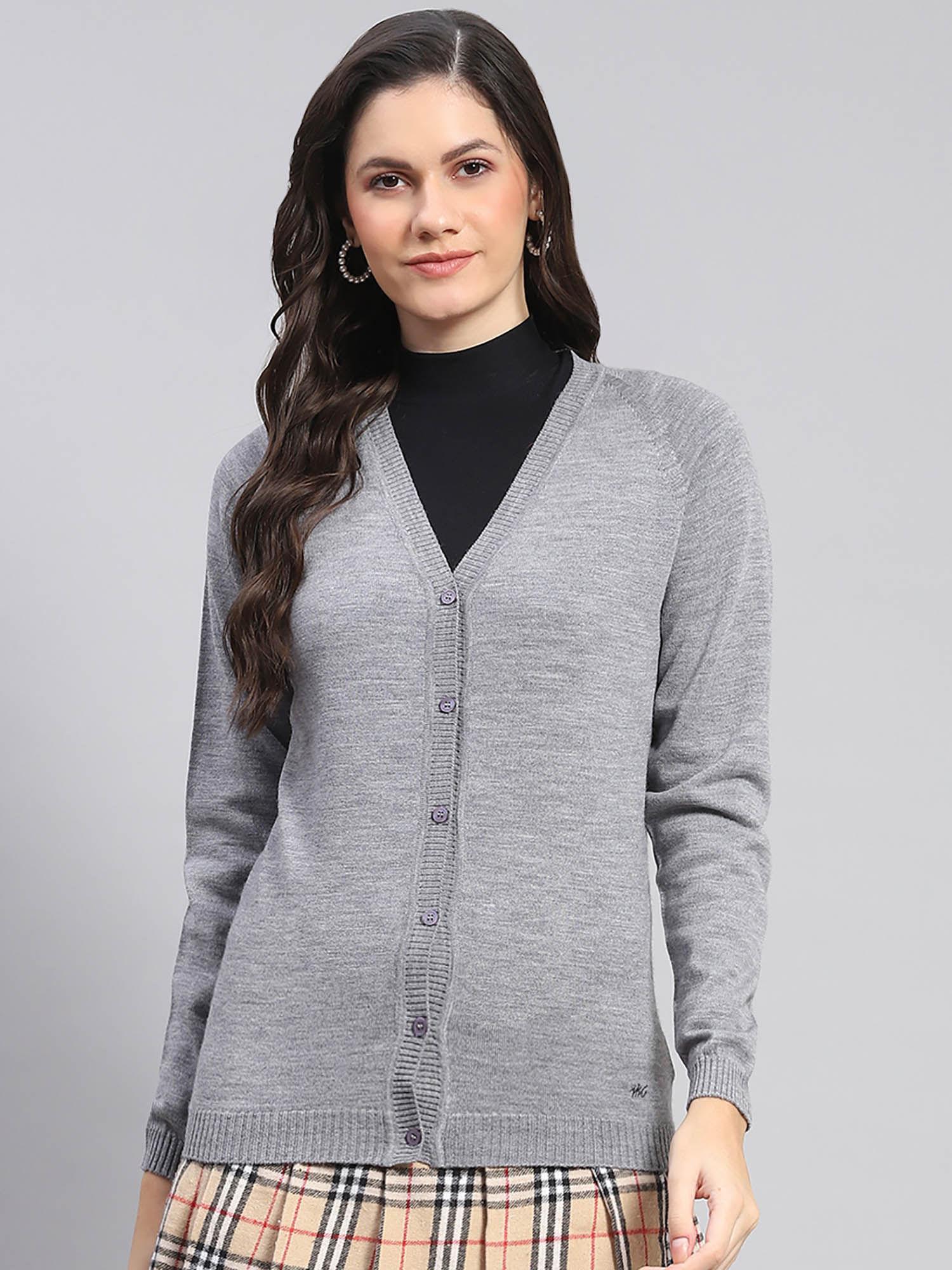 women solid full sleeves v-neck grey cardigan