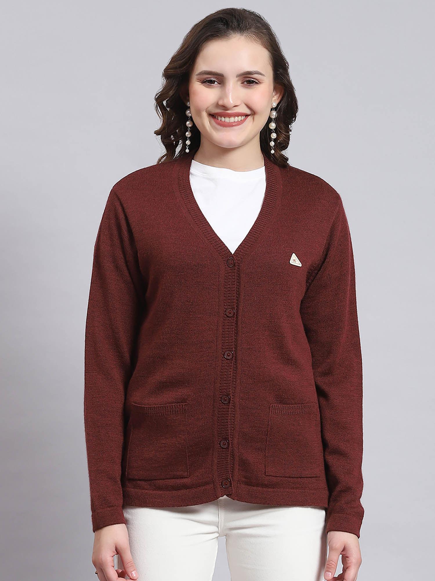 women solid full sleeves v-neck maroon cardigan