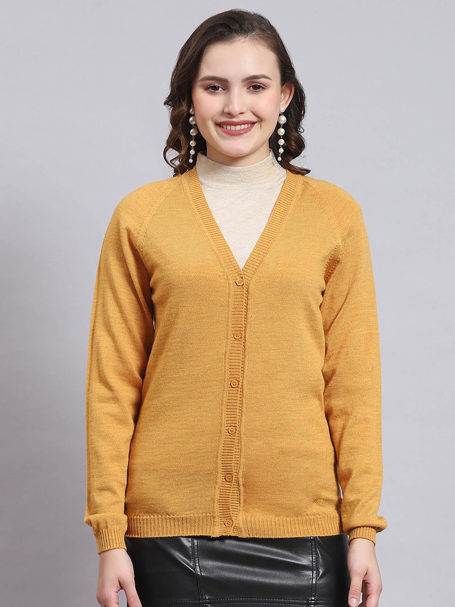 women solid full sleeves v-neck mustard cardigan