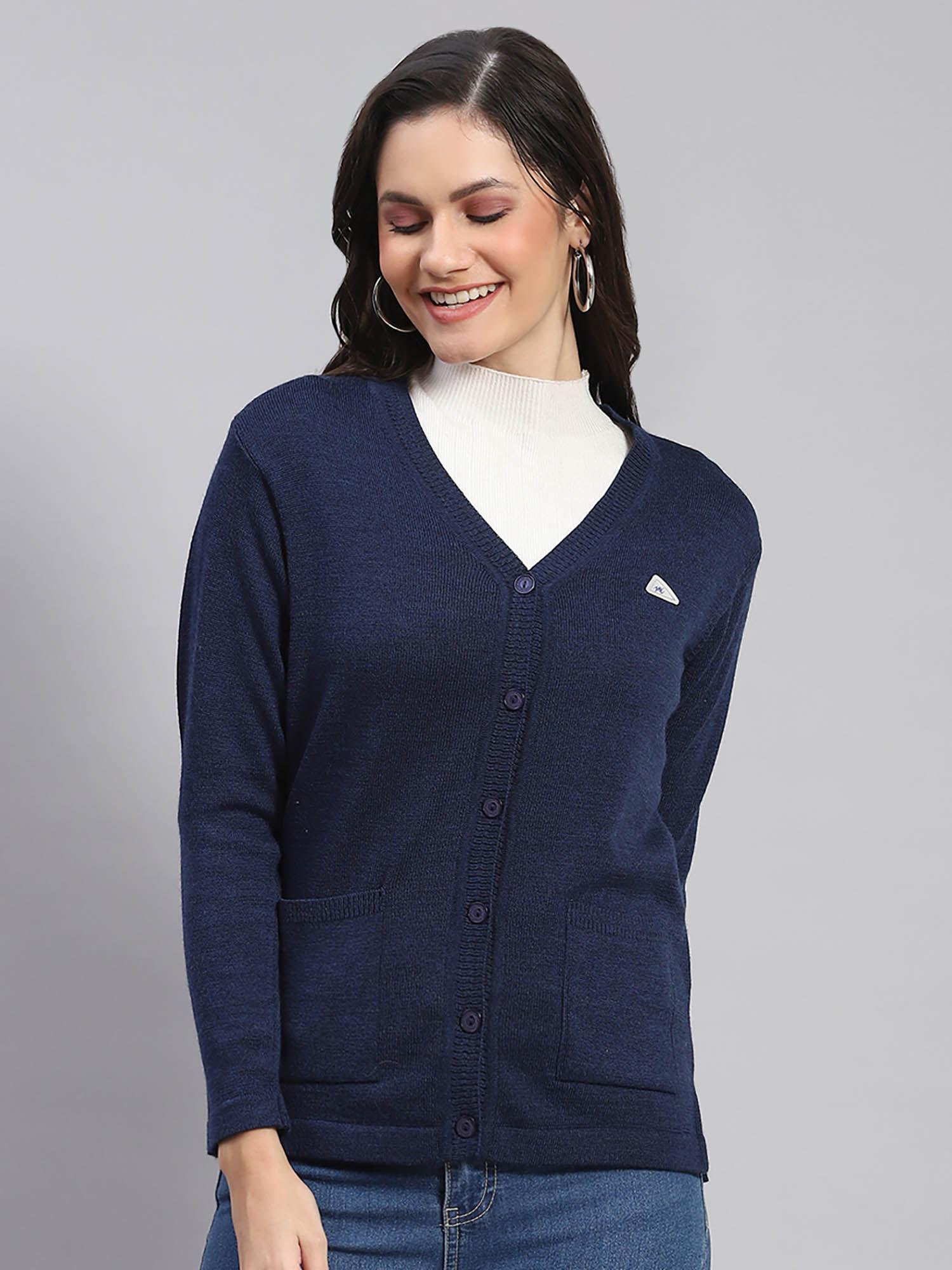 women solid full sleeves v-neck navy blue cardigan