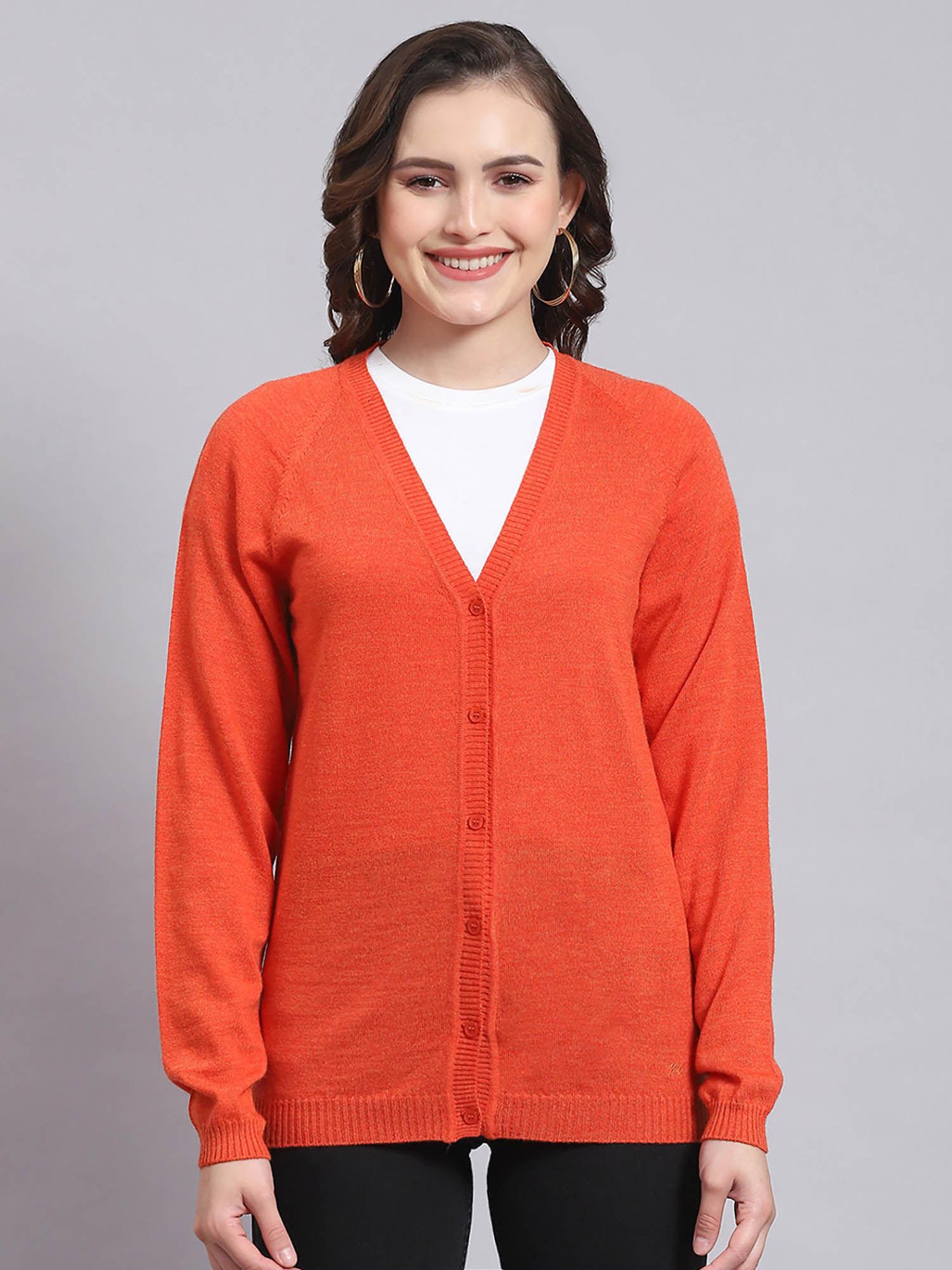 women solid full sleeves v-neck orange cardigan