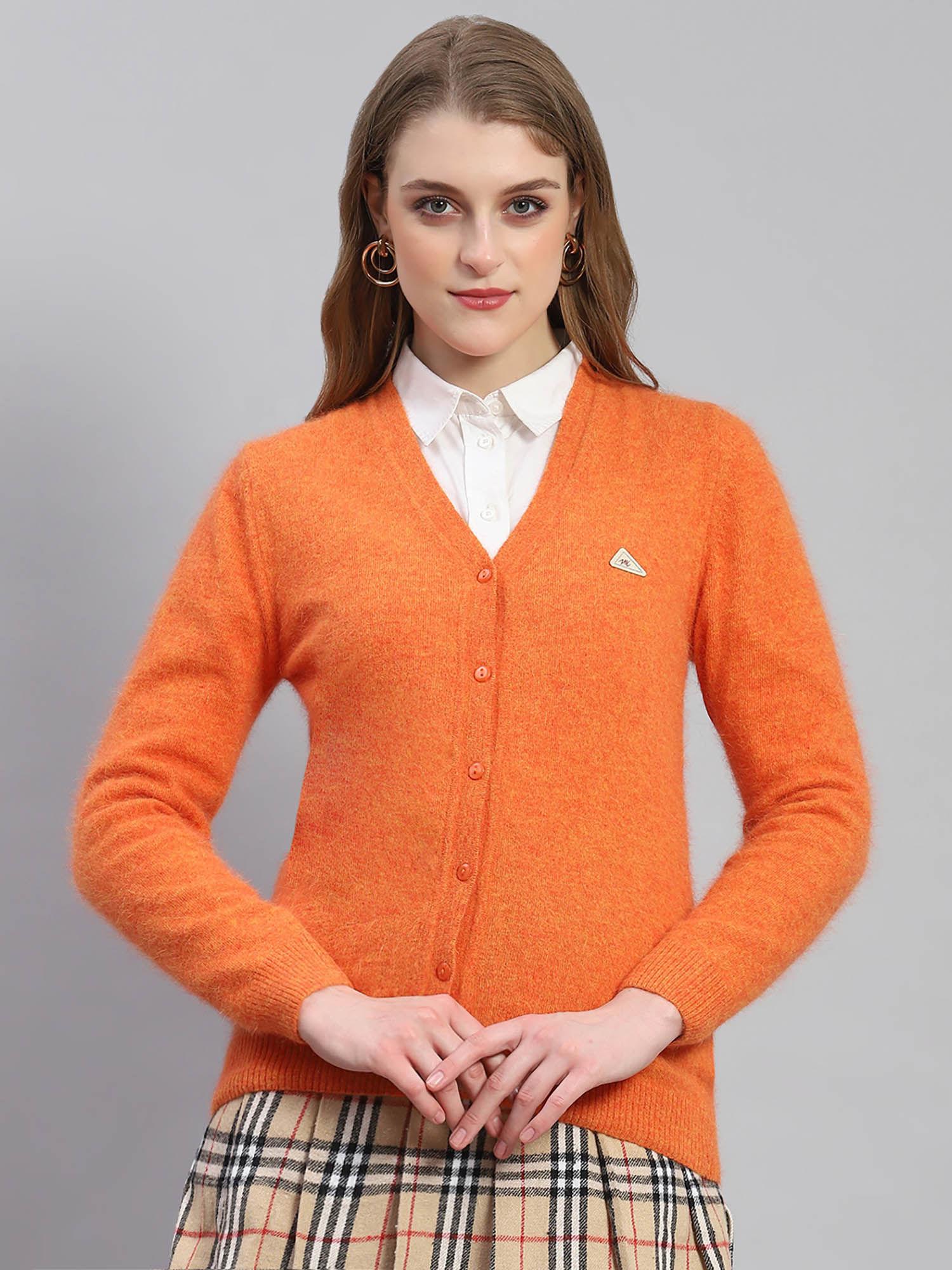 women solid full sleeves v-neck orange cardigan