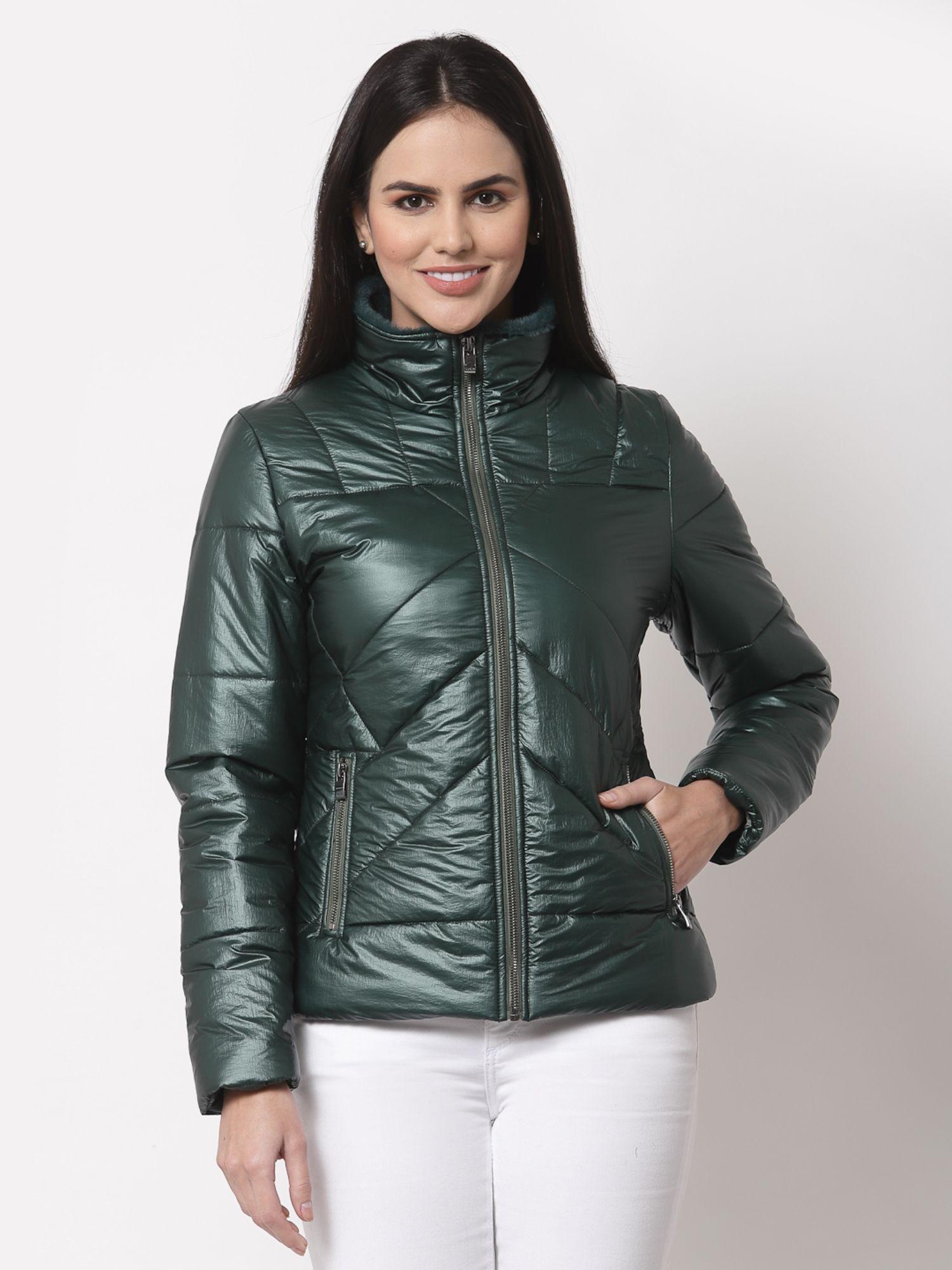 women solid green collar neck nylon winter padded jacket