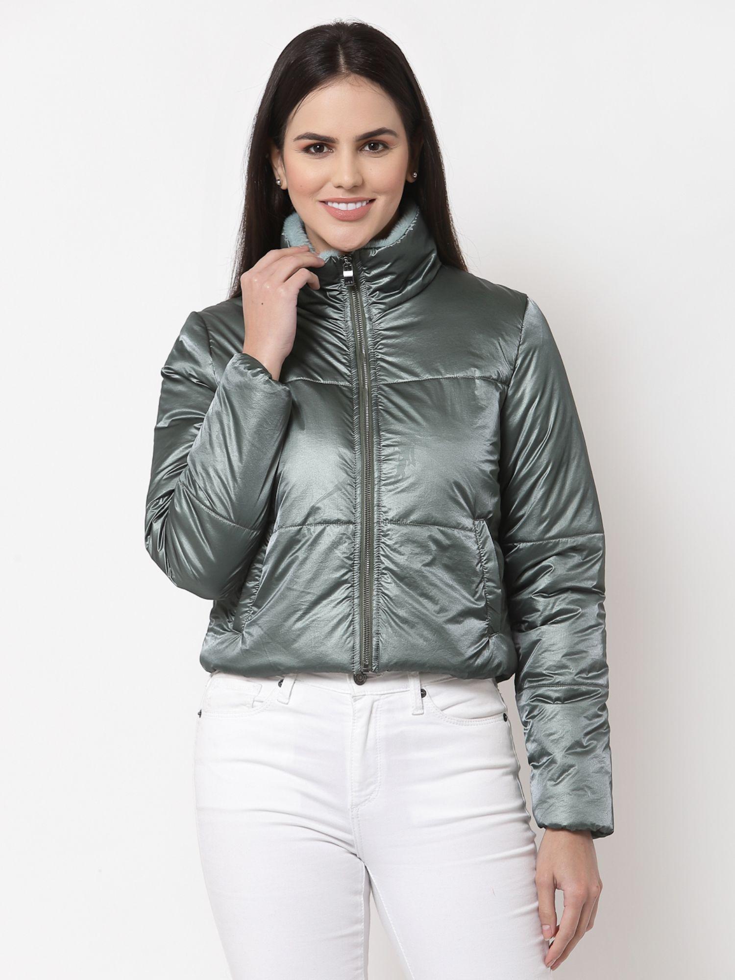 women solid green collar neck nylon winter padded jacket