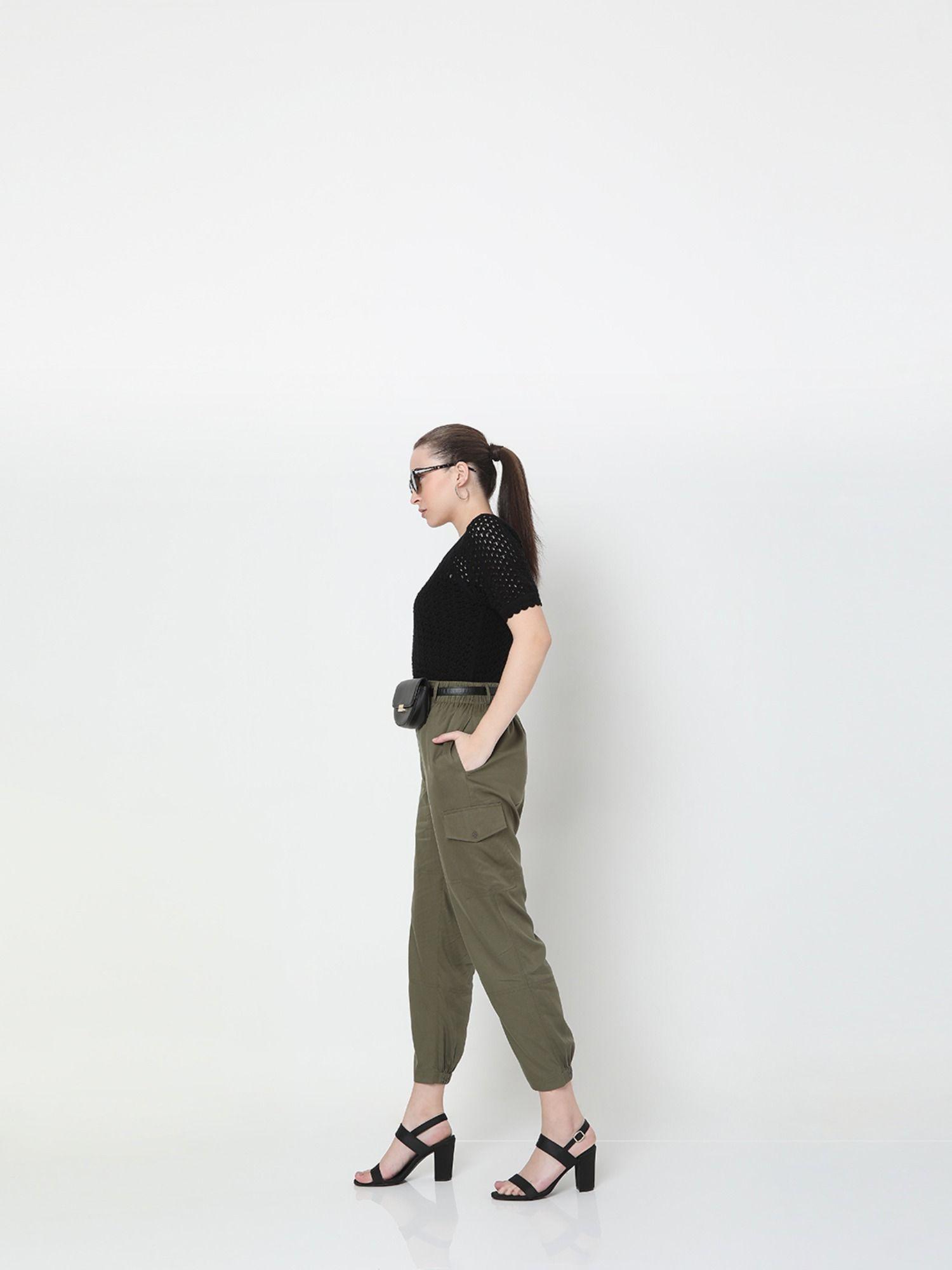 women solid green pants