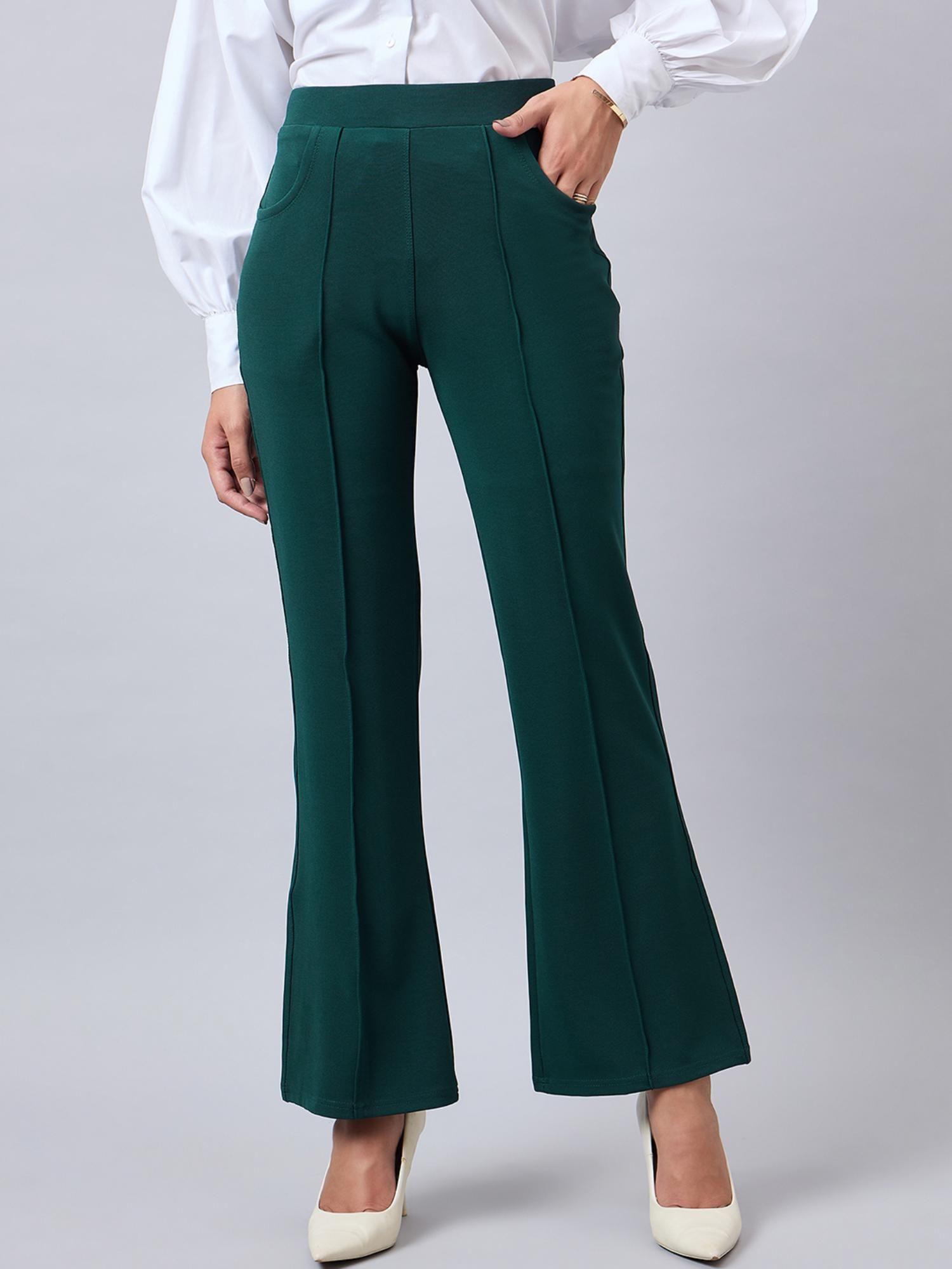 women solid green self design polyester formal trouser