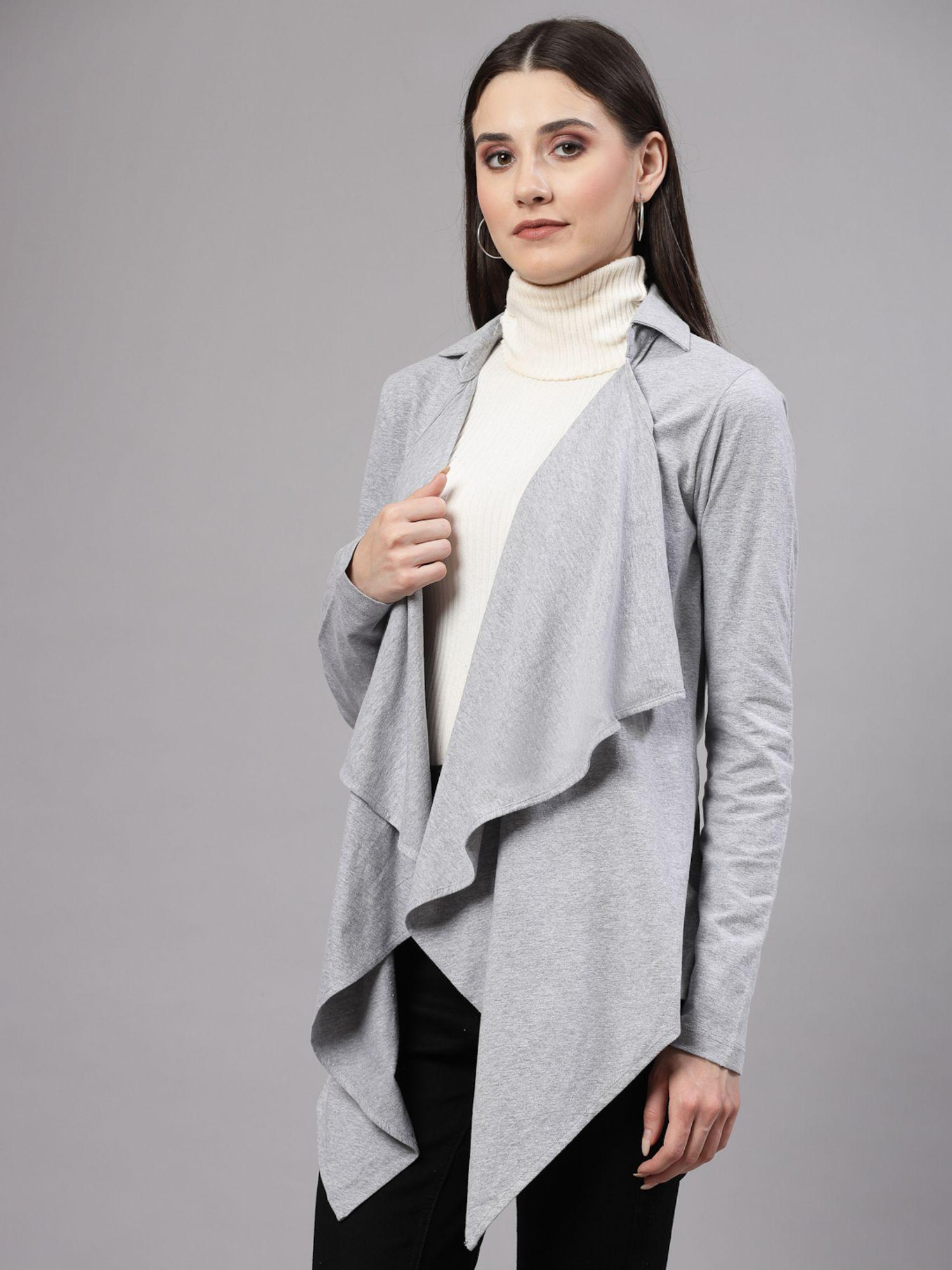 women solid grey melange waterfall shrug