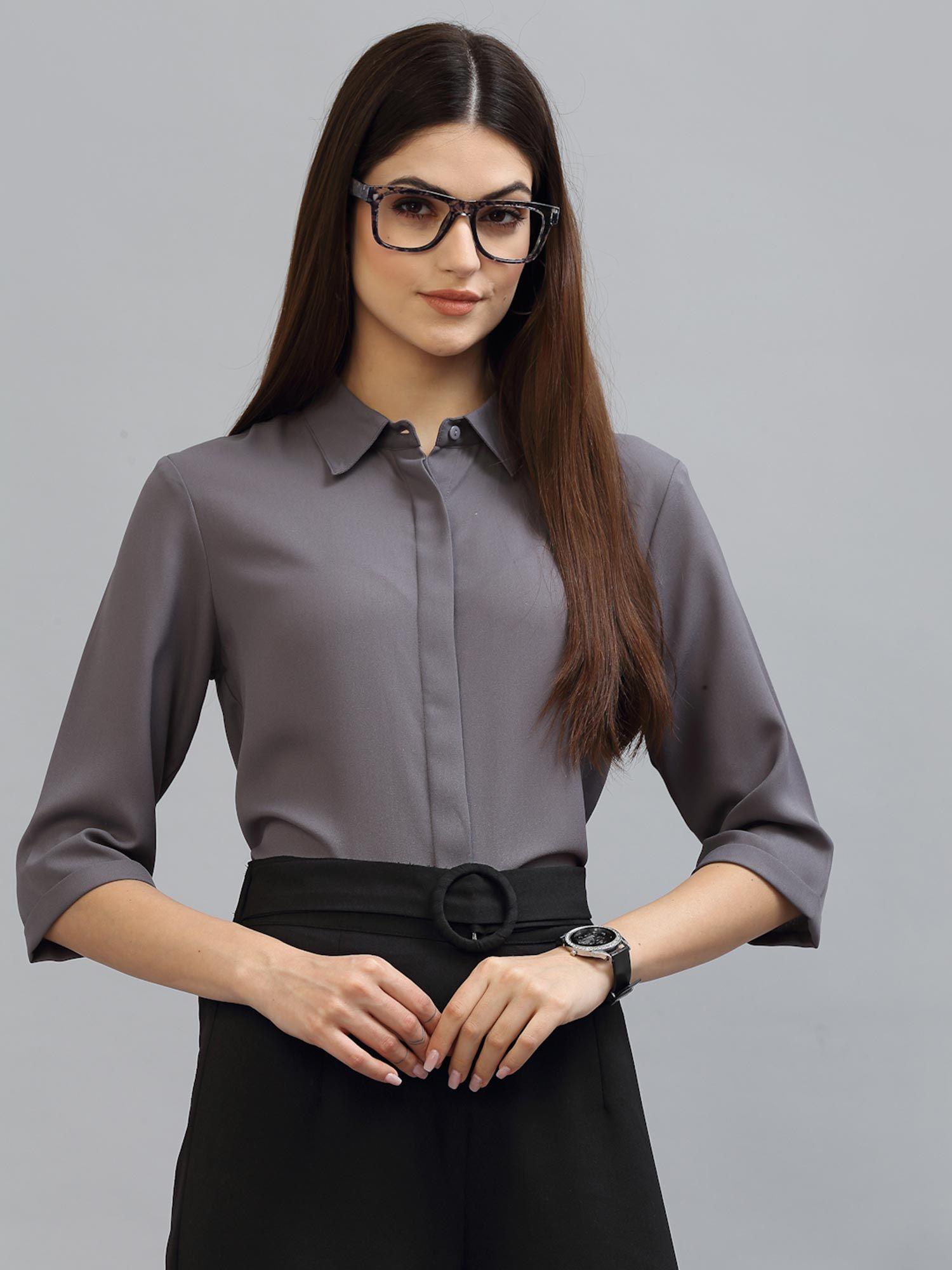 women solid grey polymoss regular formal shirt