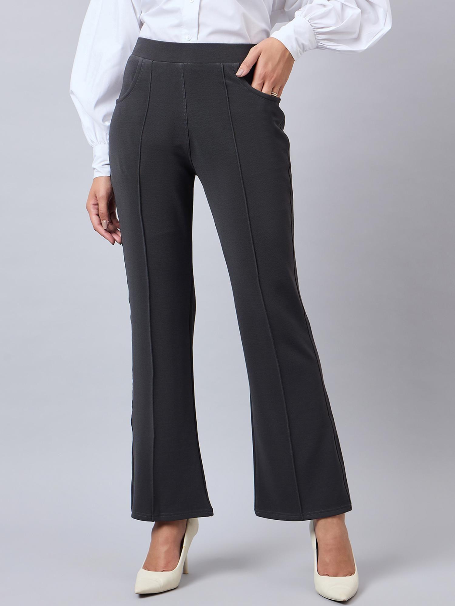 women solid grey self design polyester formal trouser