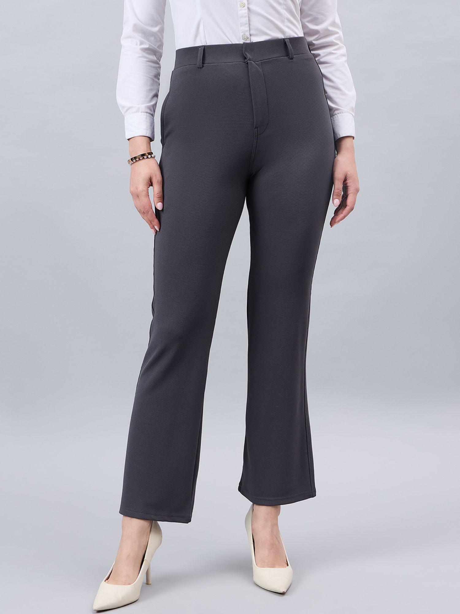 women solid grey self design polyester formal trousers