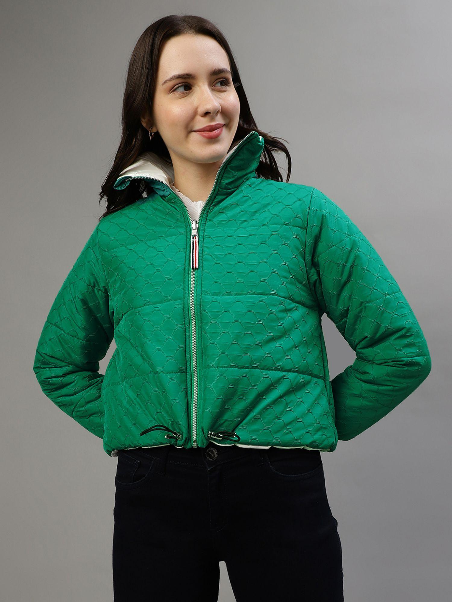 women solid high neck full sleeves reversible jacket