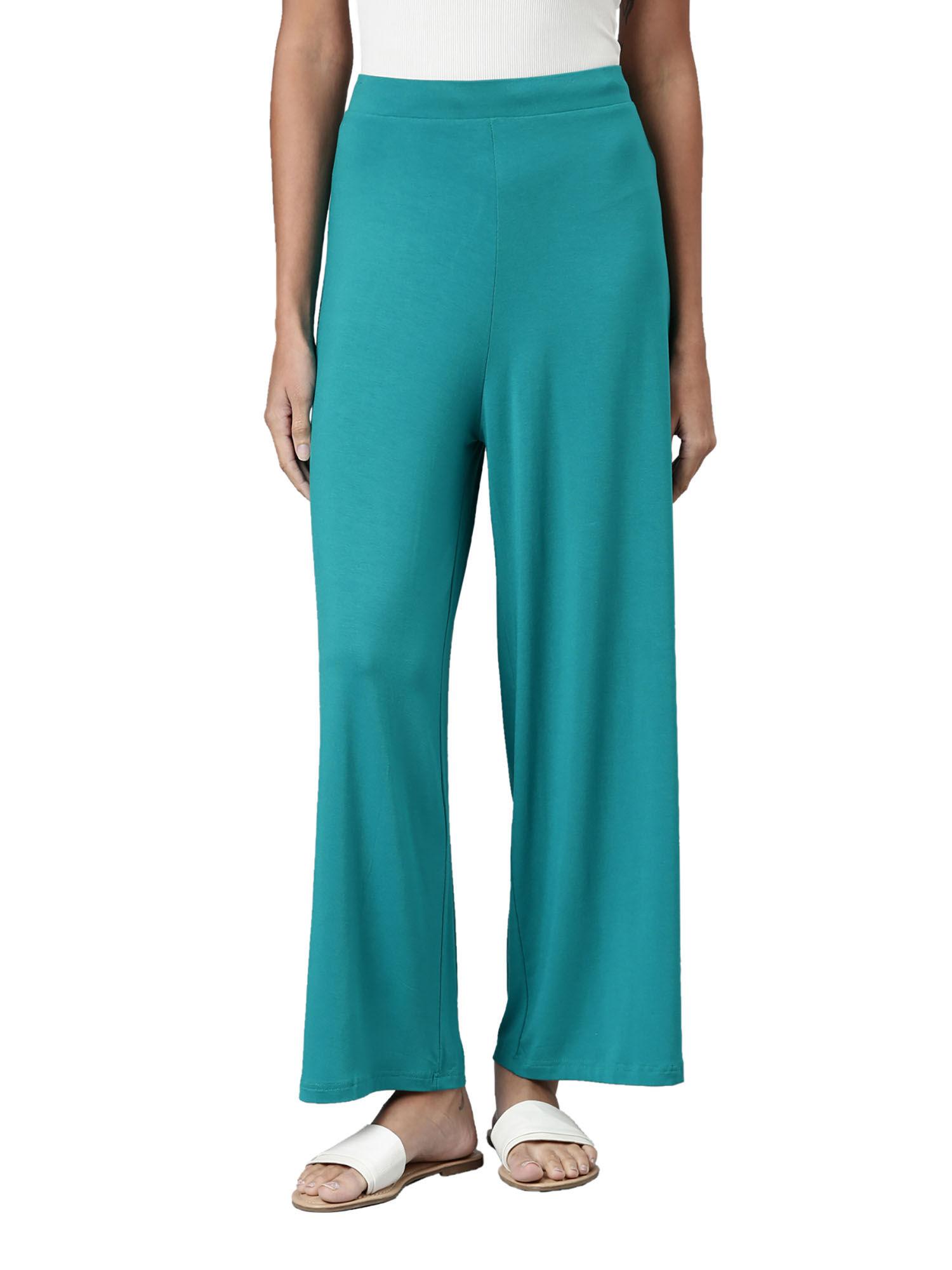 women solid jade green viscose knit palazzos