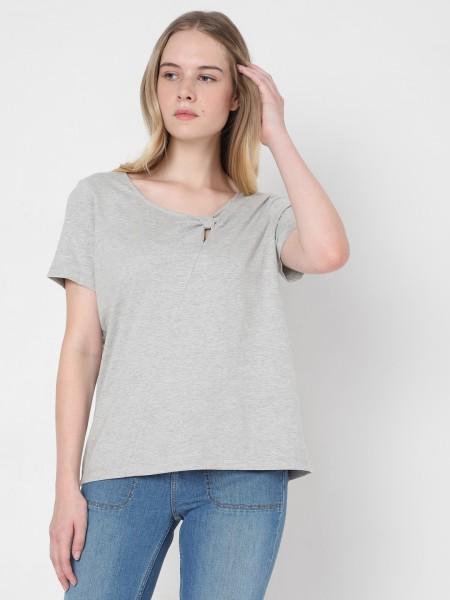 women solid key hole neck cotton blend grey t-shirt