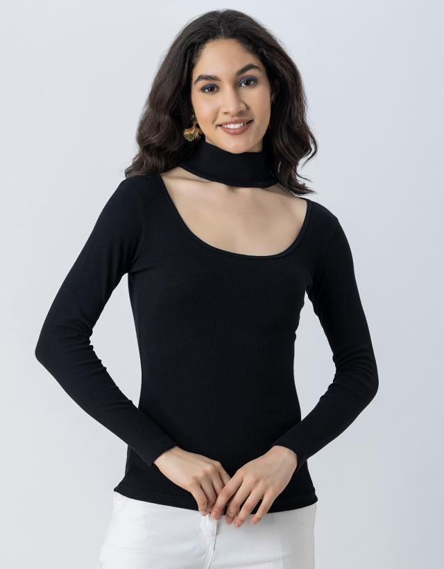 women solid knit turtle-neck casual top