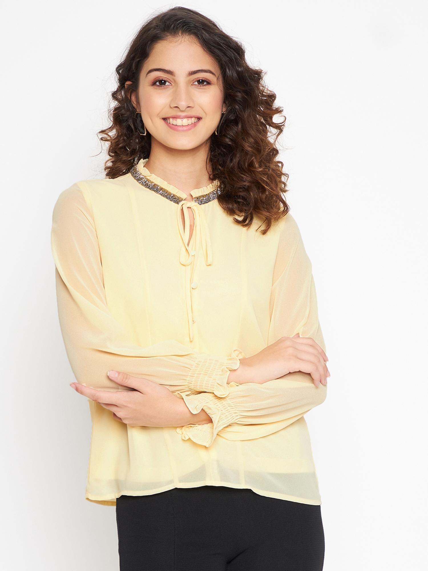 women solid lemon top