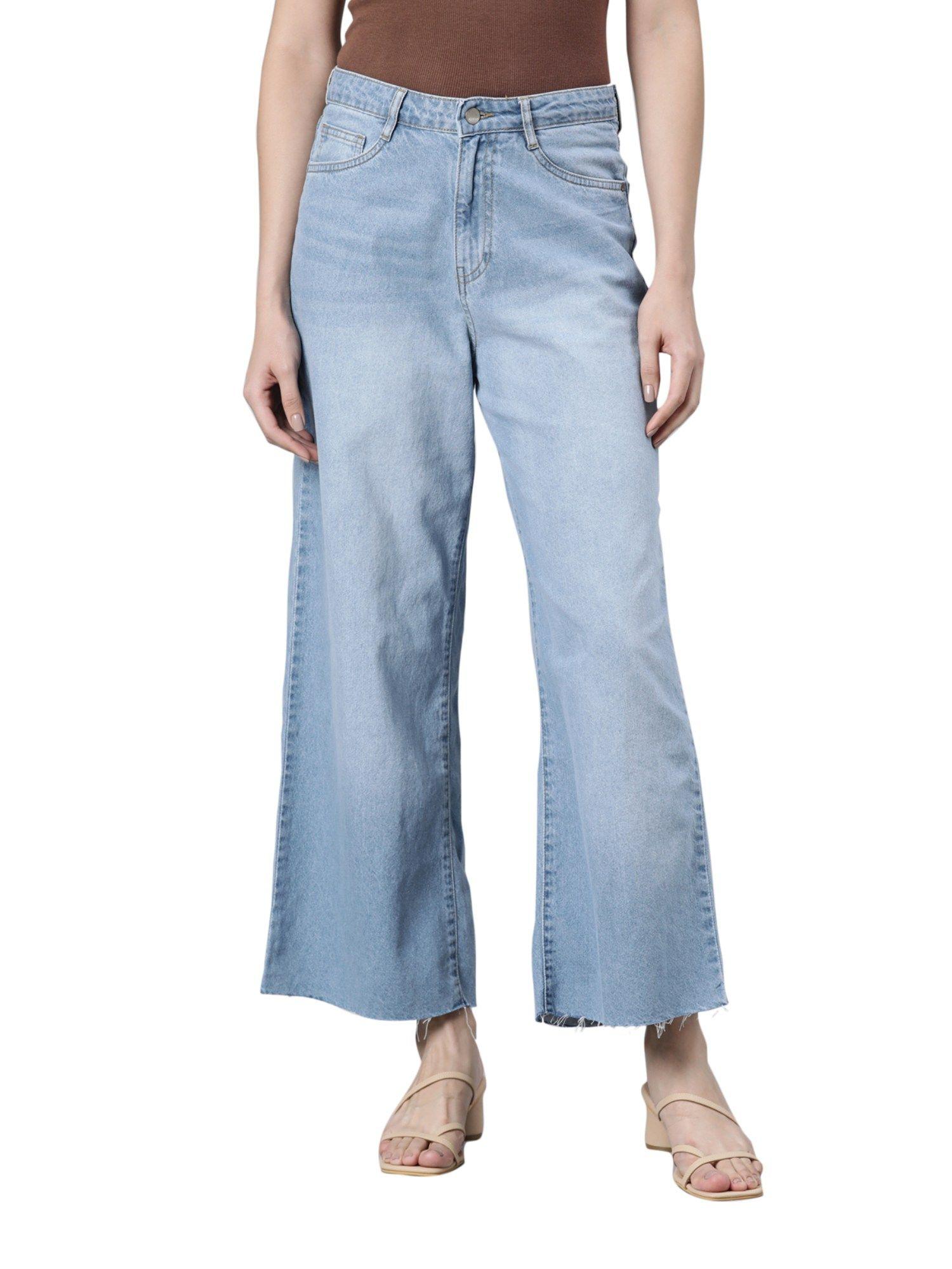 women solid light blue denim high rise wide jeans