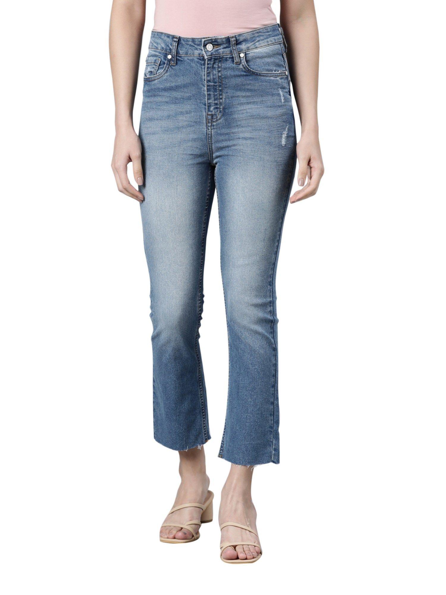 women solid light blue denim mid rise mini flare jeans