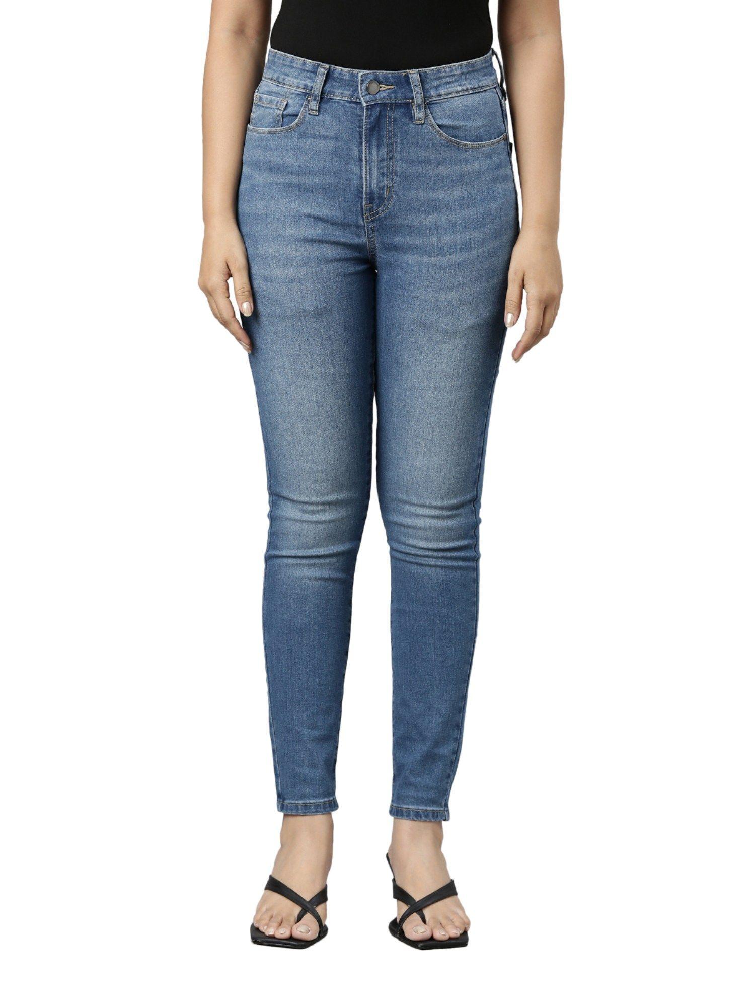 women solid light blue denim mid rise skinny jeans