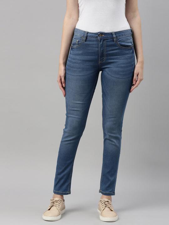 women solid light blue high rise skinny jeans