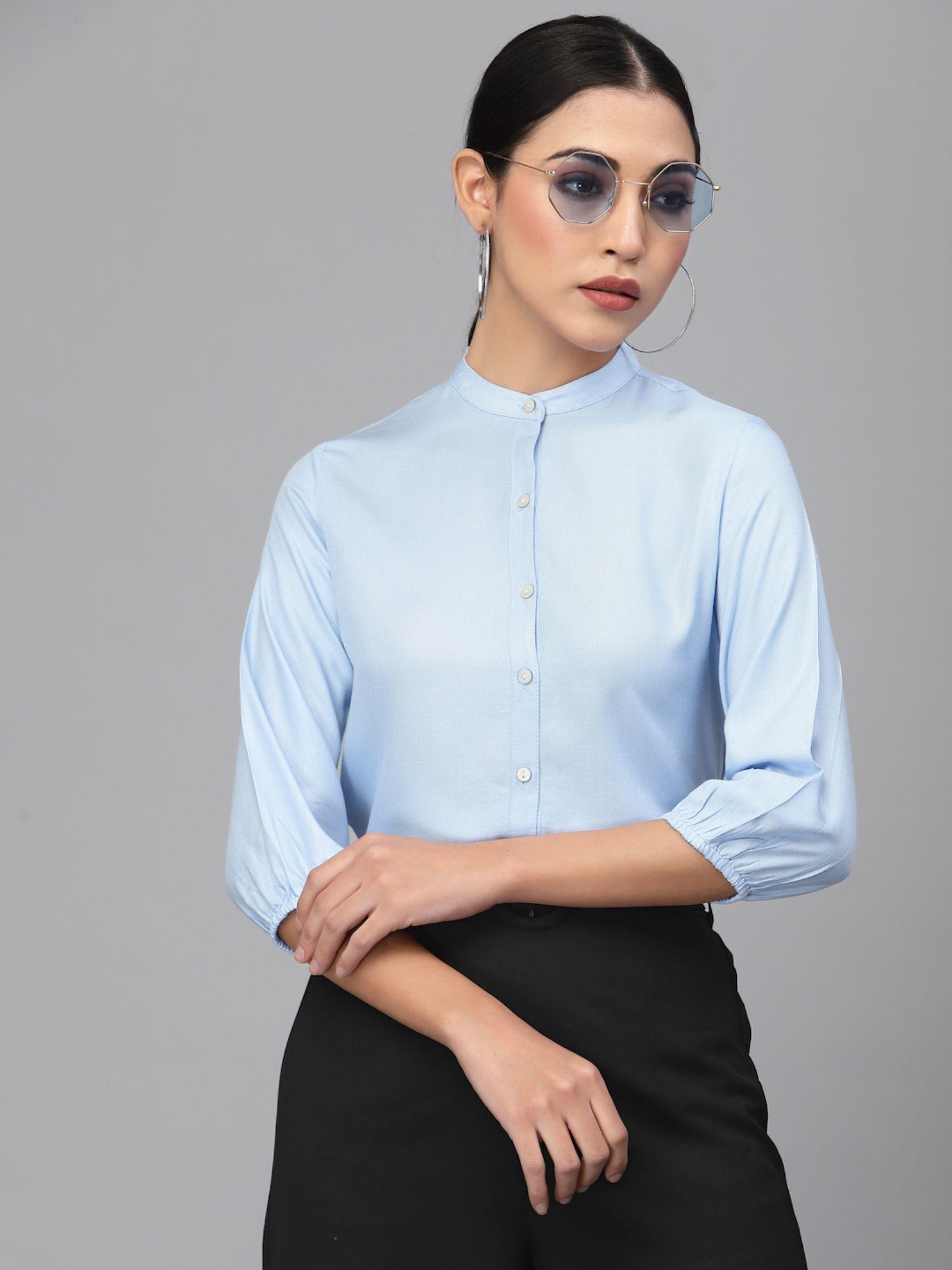 women solid light blue polyester formal shirt