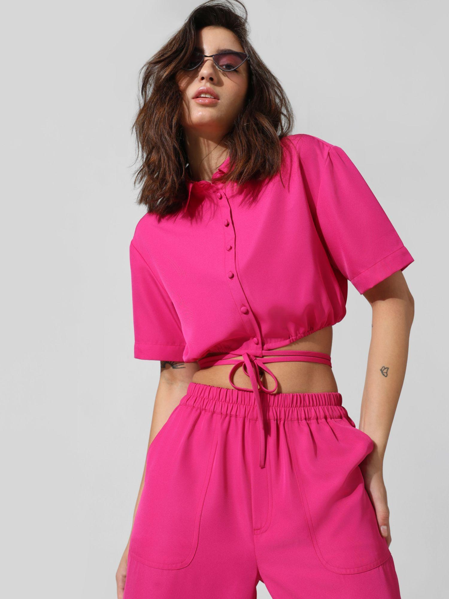women solid linen crop length pink shirt