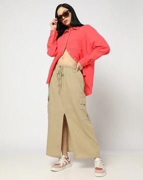 women solid linen midi skirt