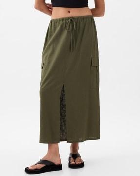women solid linen skirt with flap pockets