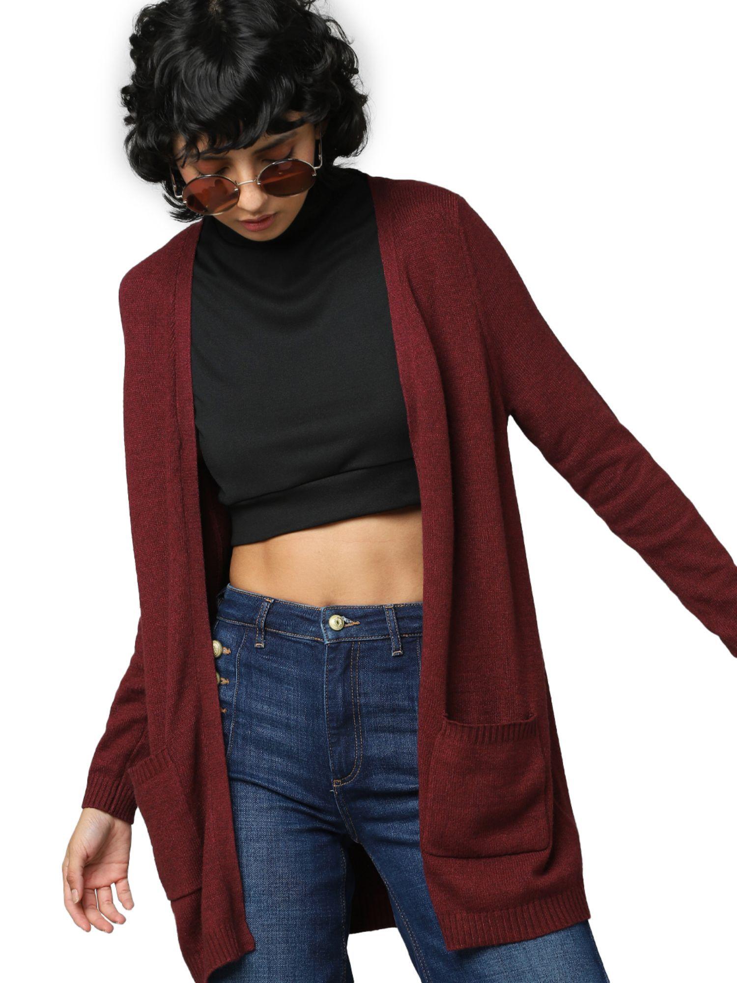 women solid maroon cardigan