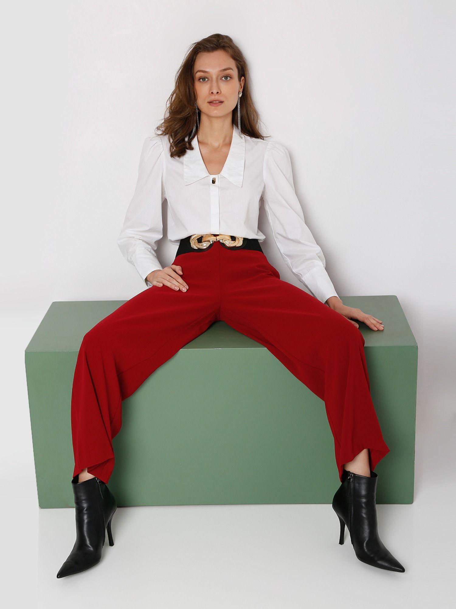 women solid maroon casual pants