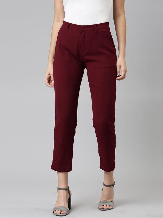 women solid maroon formal trouser