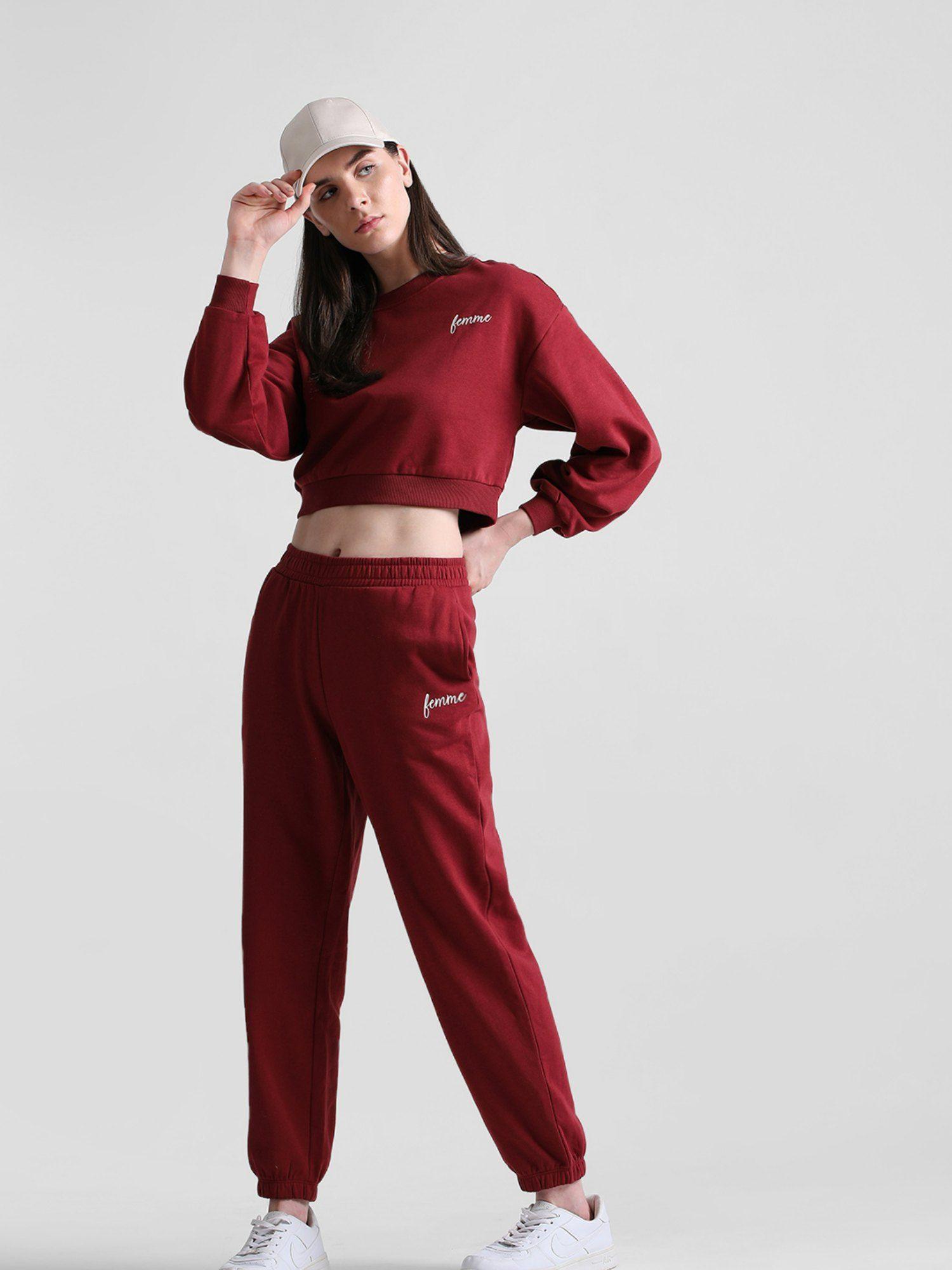 women solid maroon joggers pant