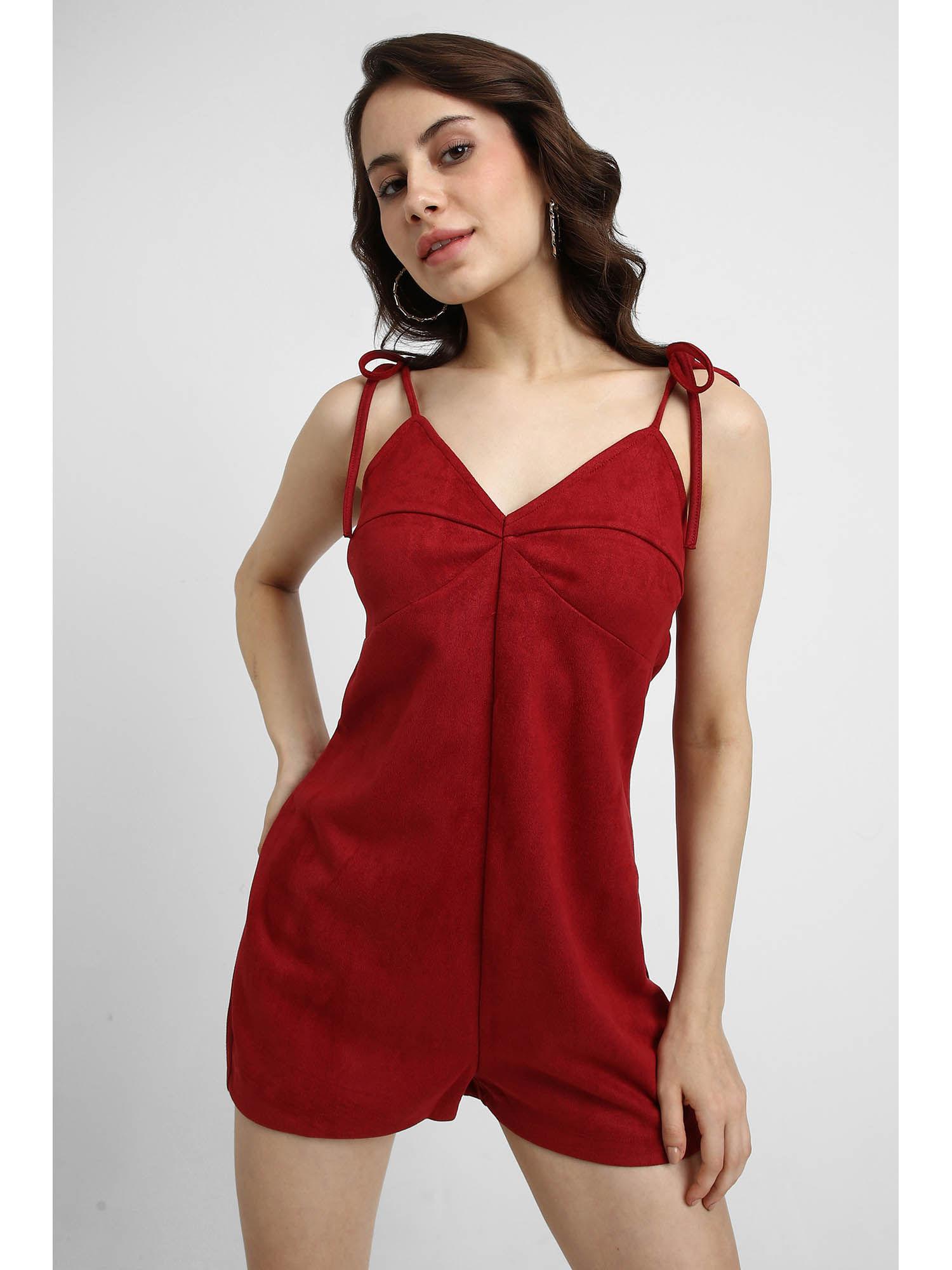 women solid maroon playsuit