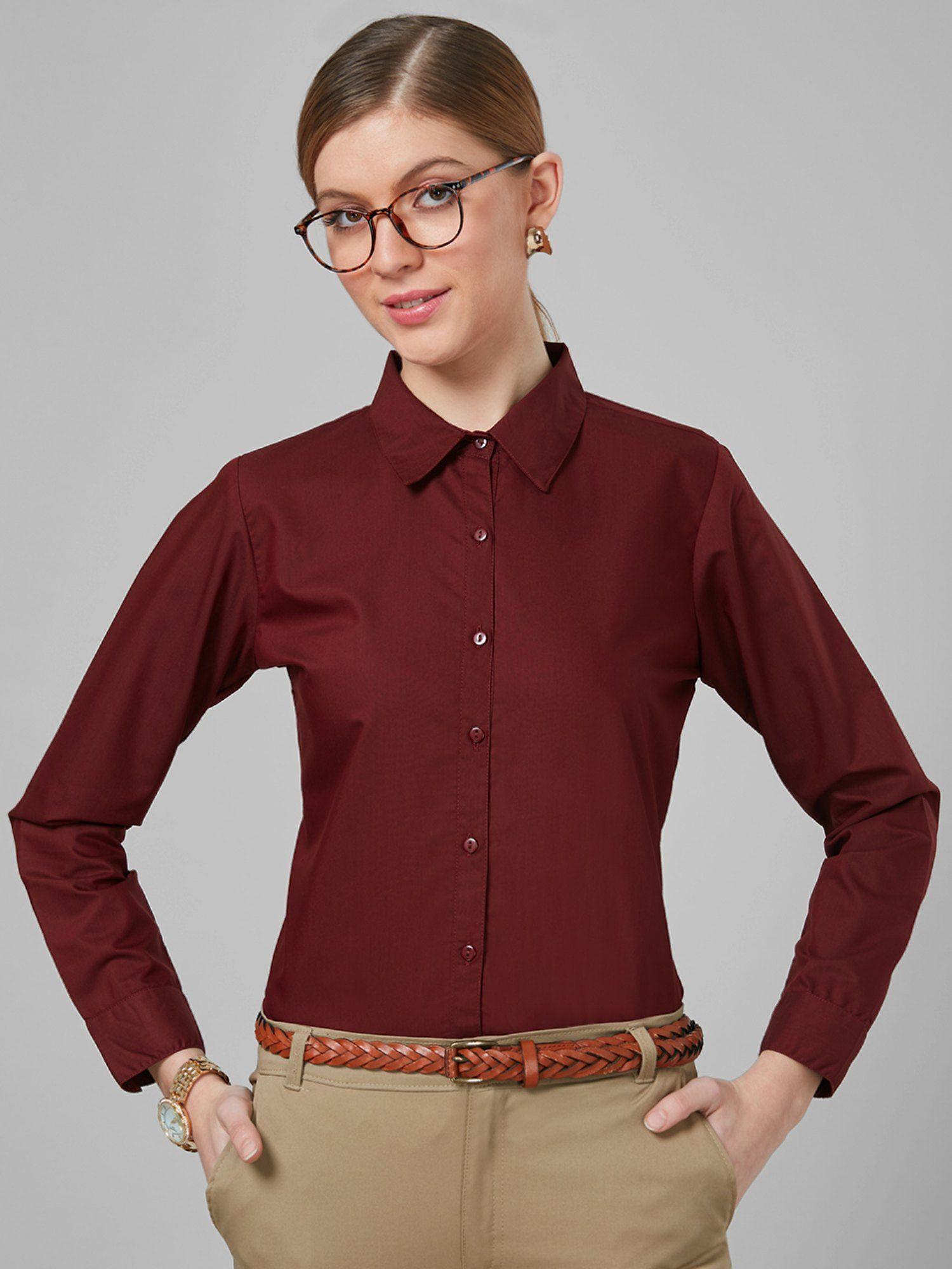 women solid maroon polycotton regular formal shirt