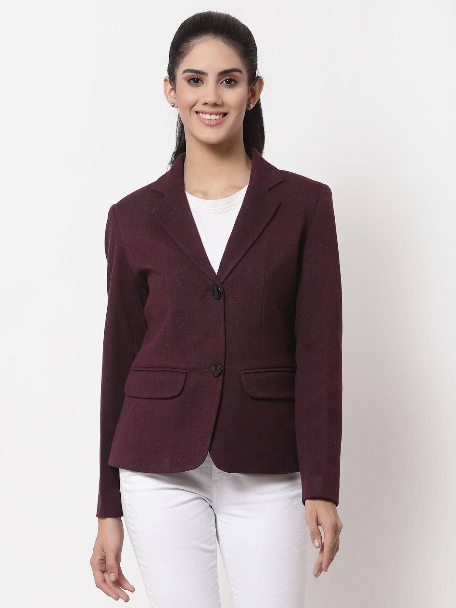 women solid maroon shawl lapel polyester regular coat