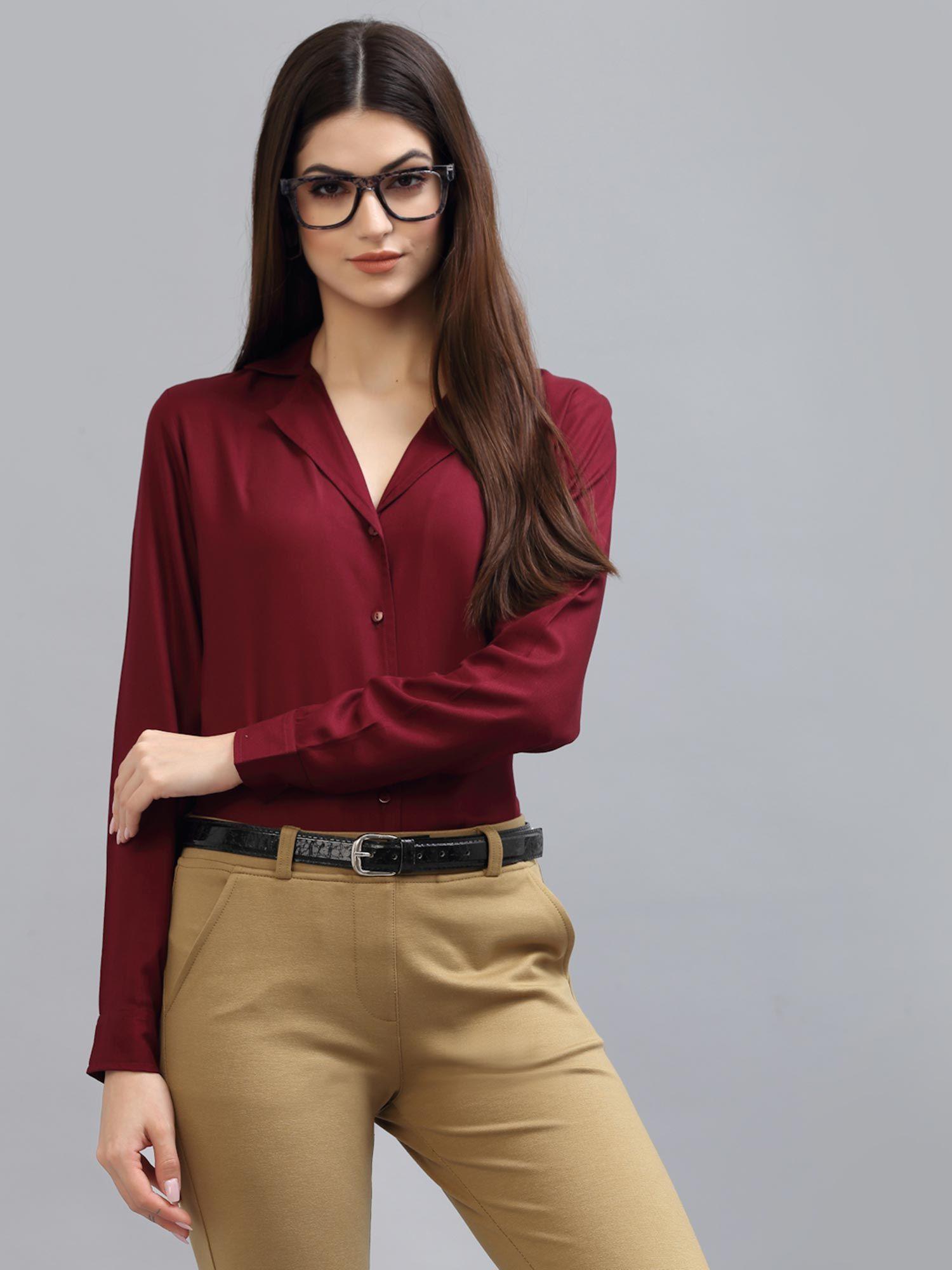 women solid maroon viscose rayon regular formal shirt