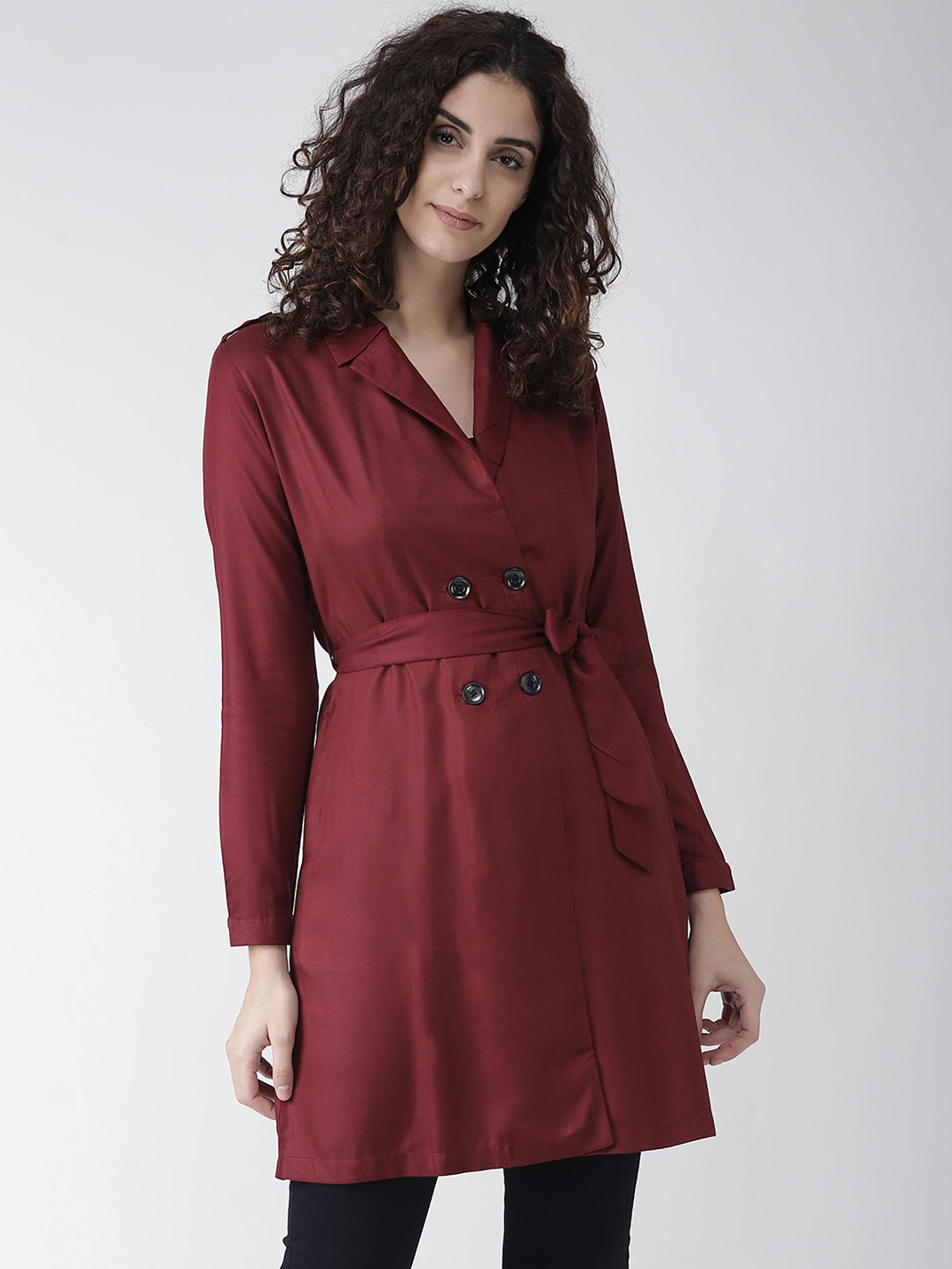 women solid maroon viscose rayon smart casual trench coat